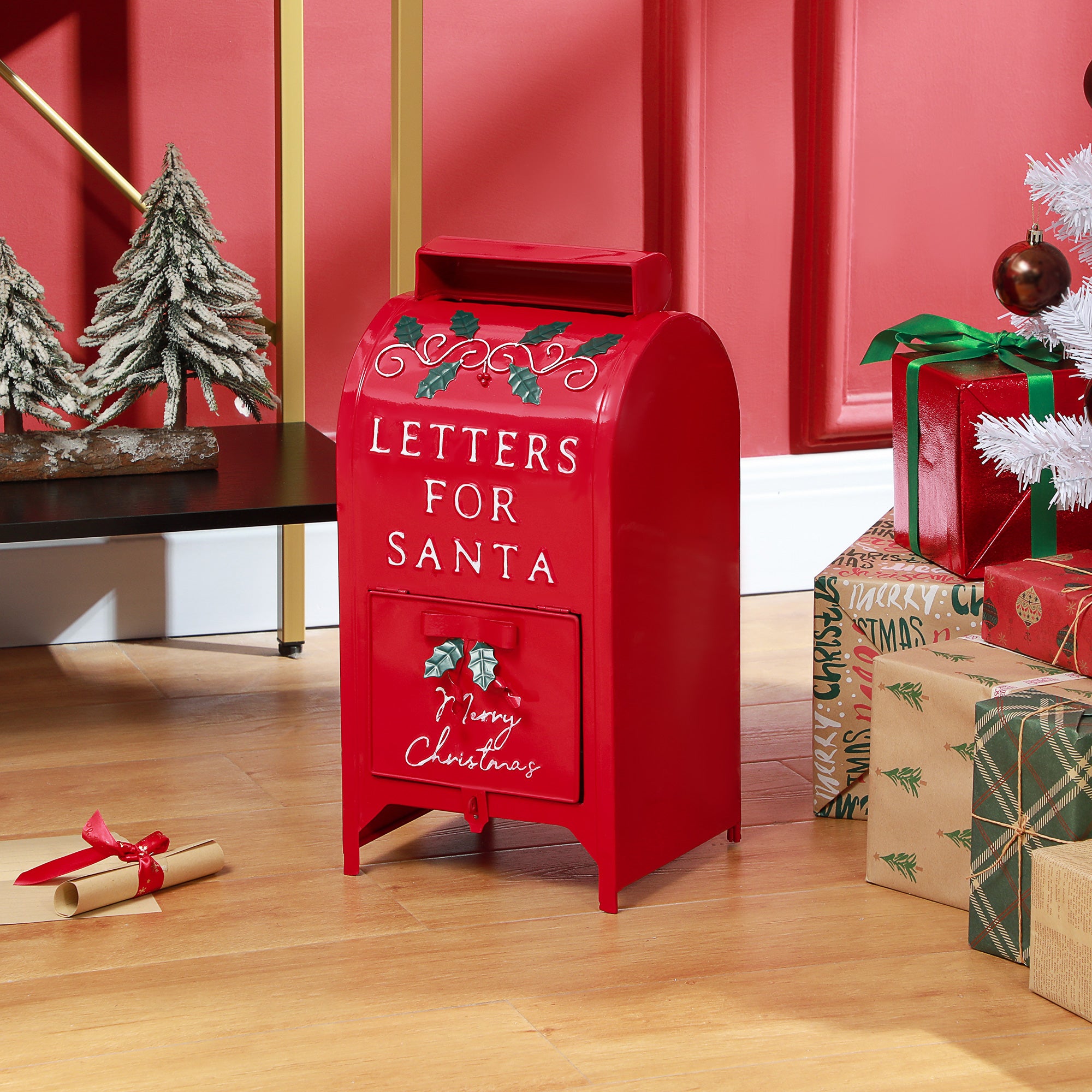 Christmas Post Box, Letters for Santa Mailbox, Freestanding or Wall Mounted Postbox, Indoor Christmas Decoration, Red