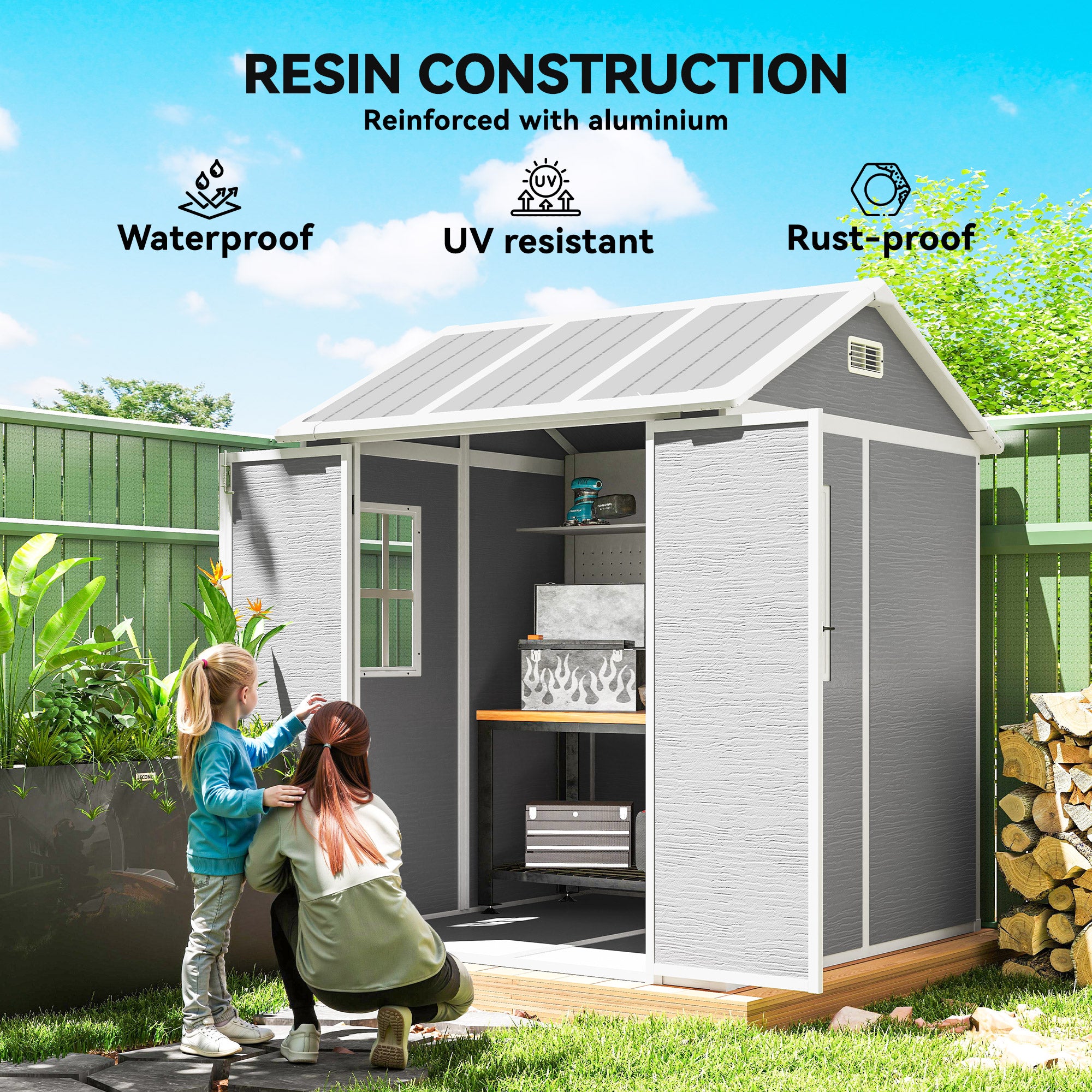 6 x 6ft Garden Shed with Floor, Window, Lockable Doors and Vents, Wood Effect Resin Tool Shed for Outdoor Patio, Grey