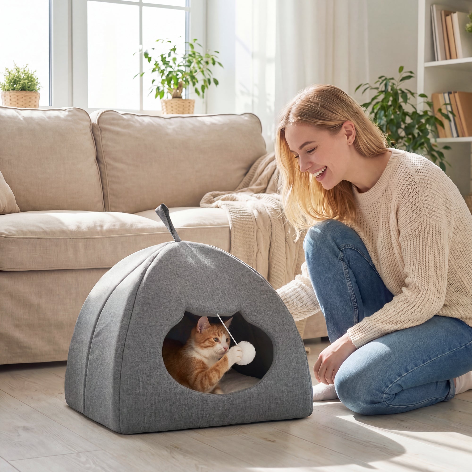 Cat Cave Bed for Indoor Kittens, Cat House with Removable Cushion and Teaser Ball, Kitty Igloo with Anti-Slip Base, 42 x 42 x 39 cm, Grey