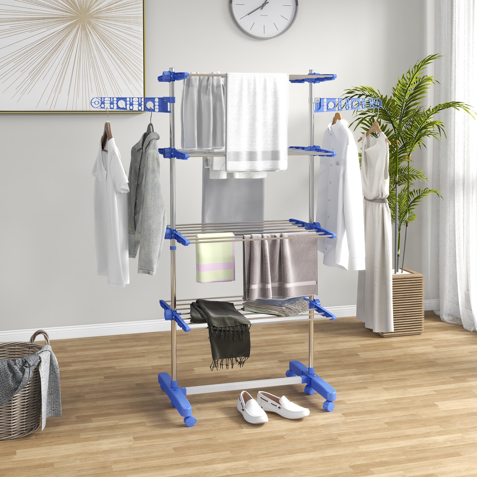 Four-Shelf Collapsing Clothes Horse, With Side Arms and Wheels - Blue