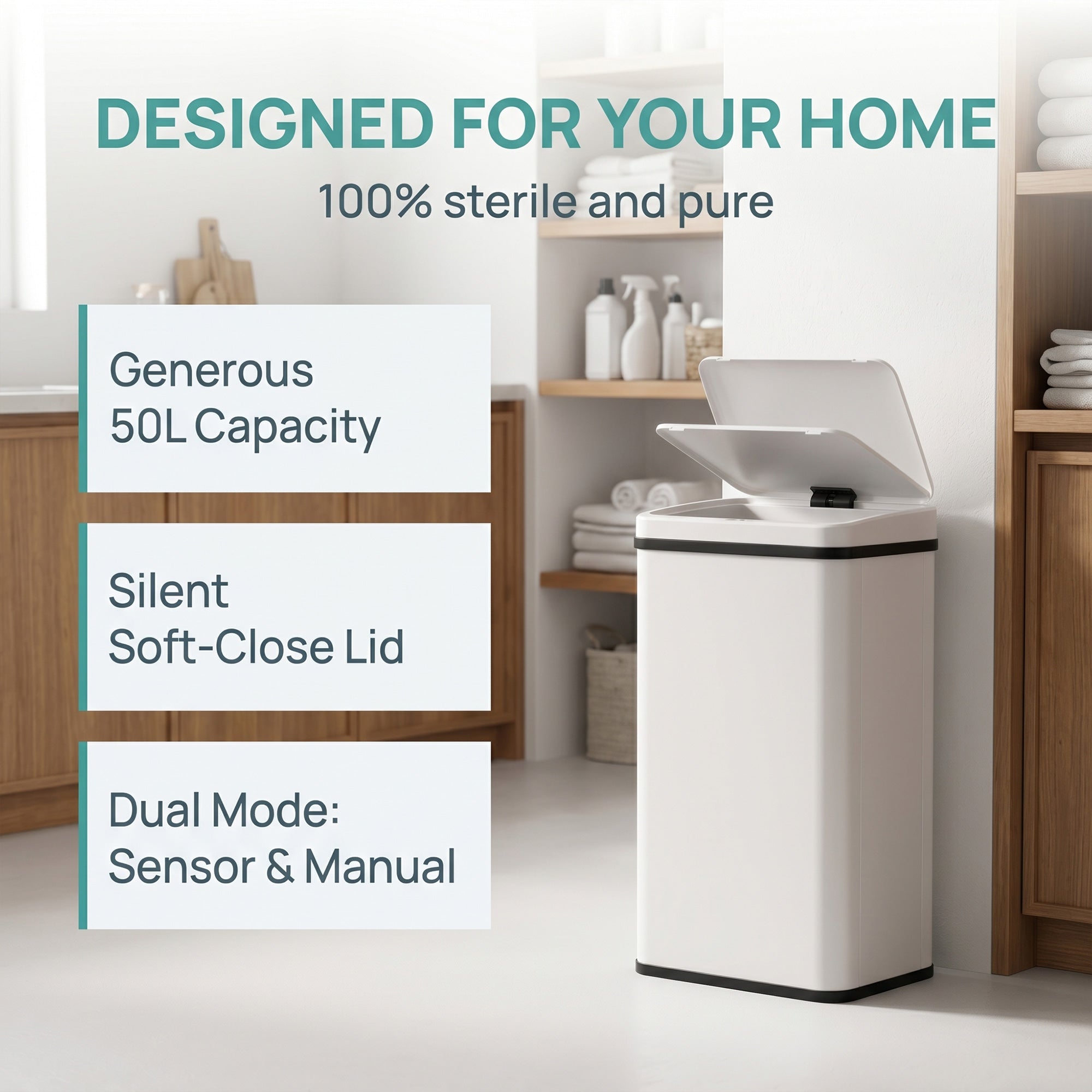 50L Sensor Bin with Soft-Close Lid, Stainless Steel Automatic Touchless Motion Sensor Kitchen Bin, White