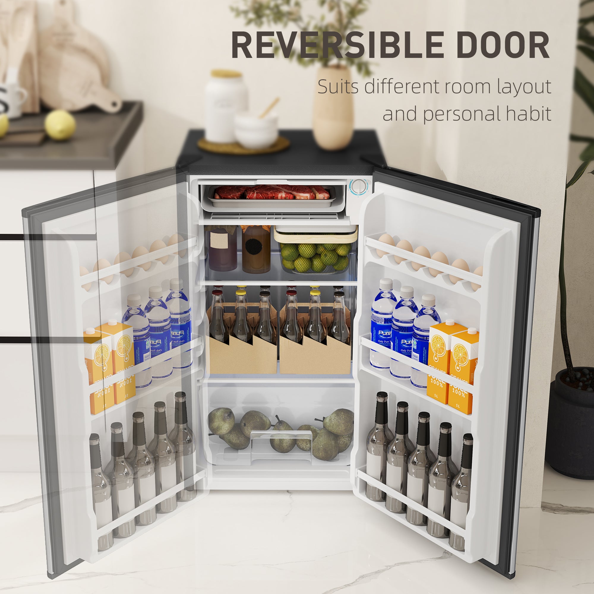 Under Counter Fridge, 91L Small Fridge with Chiller Box, Removable Shelf, Reversible Door, Adjustable Legs, Mini Refrigerator, Silver Tone