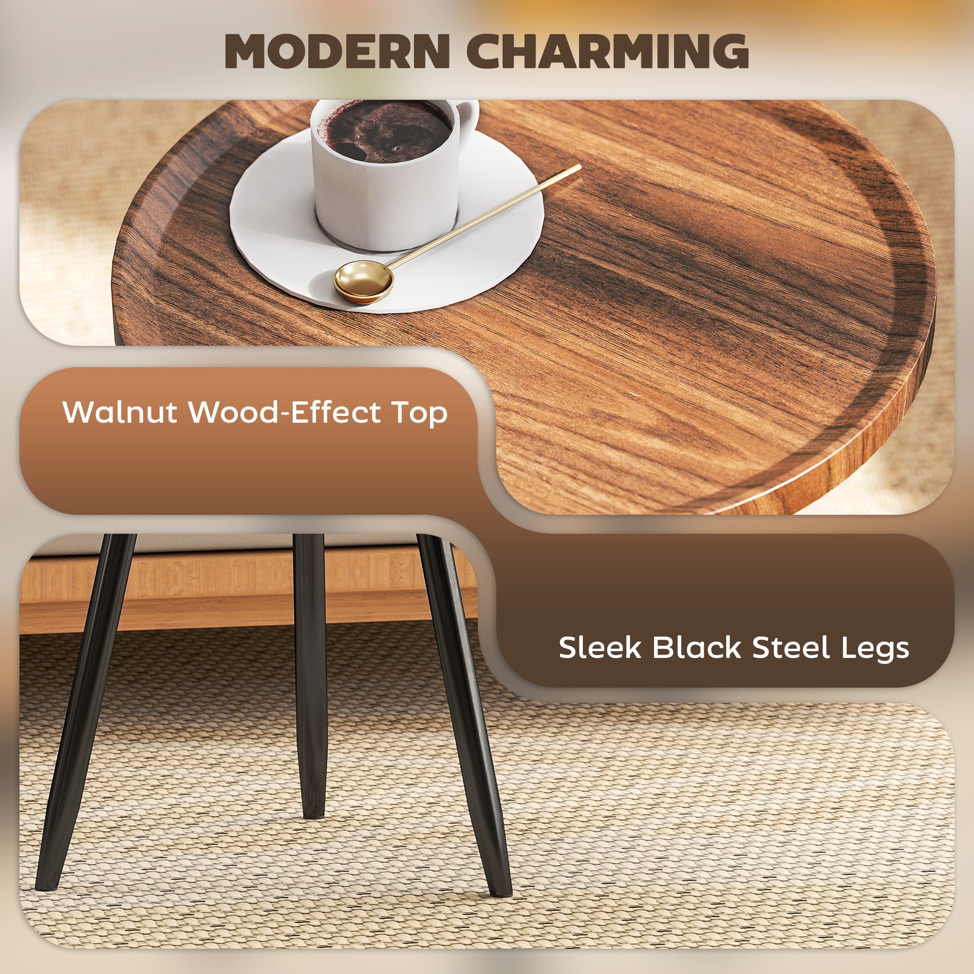 Modern Round Coffee Table with Steel Frame for Small Space, Sofa Beside, Living Room, Chestnut Wood Effect
