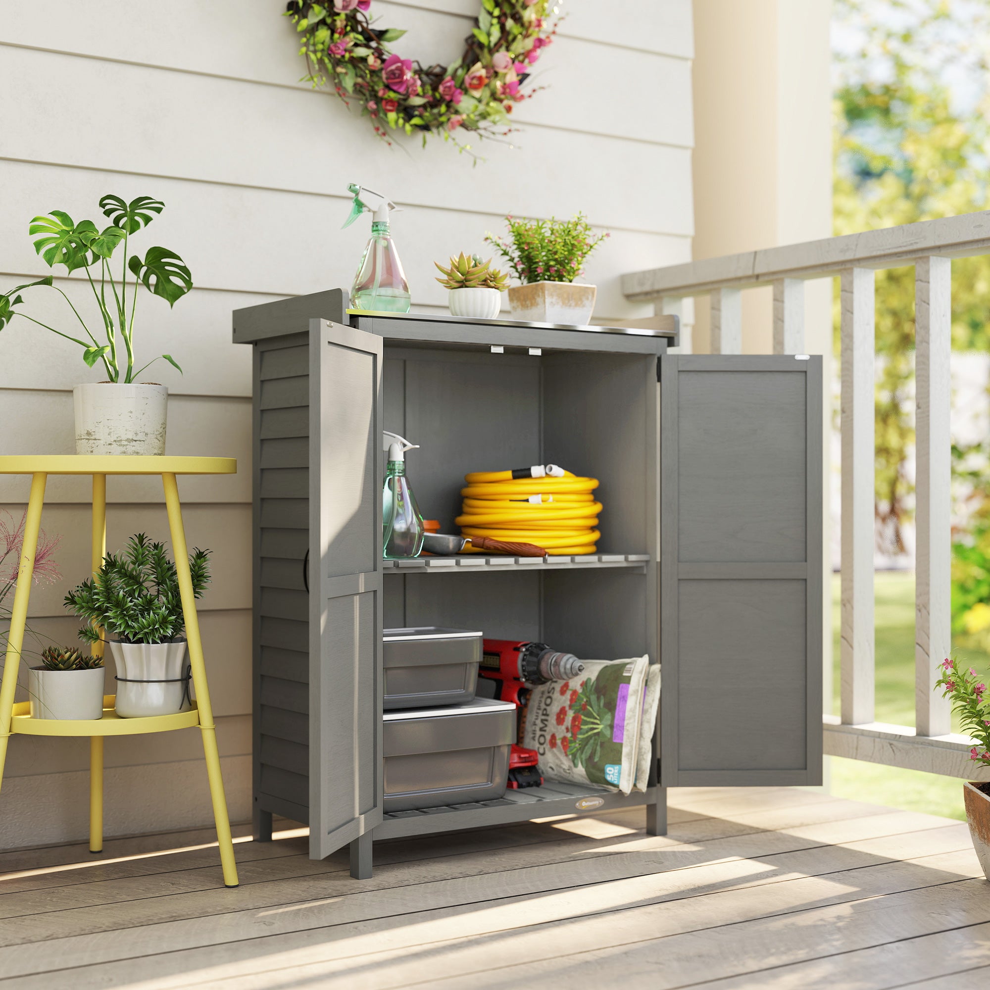 Wooden Garden Shed, Garden Tool Storage Shed with Shelf and Side Hooks, 71.5 x 39 x 95 cm, Grey