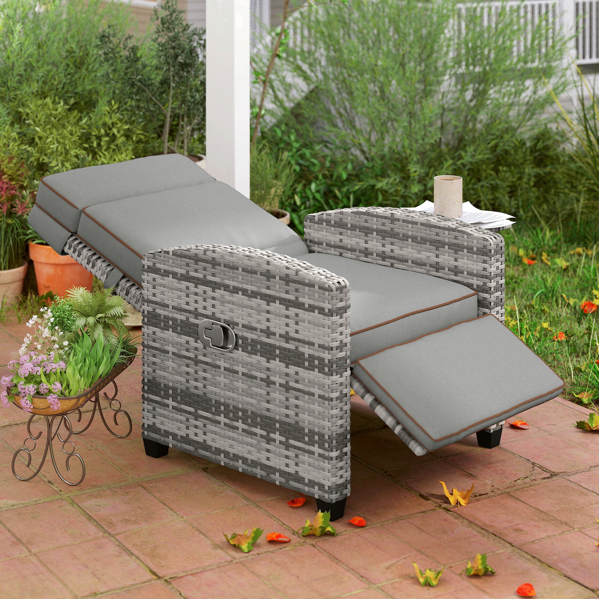 Rattan Garden Recliner Chair, Adjustable Backrest Reclining Rattan Chair with Flip Table, Cushion and Footrest, Indoor Outdoor Lounge Reclining Sun Lounger for Patio, Mixed Grey/Grey