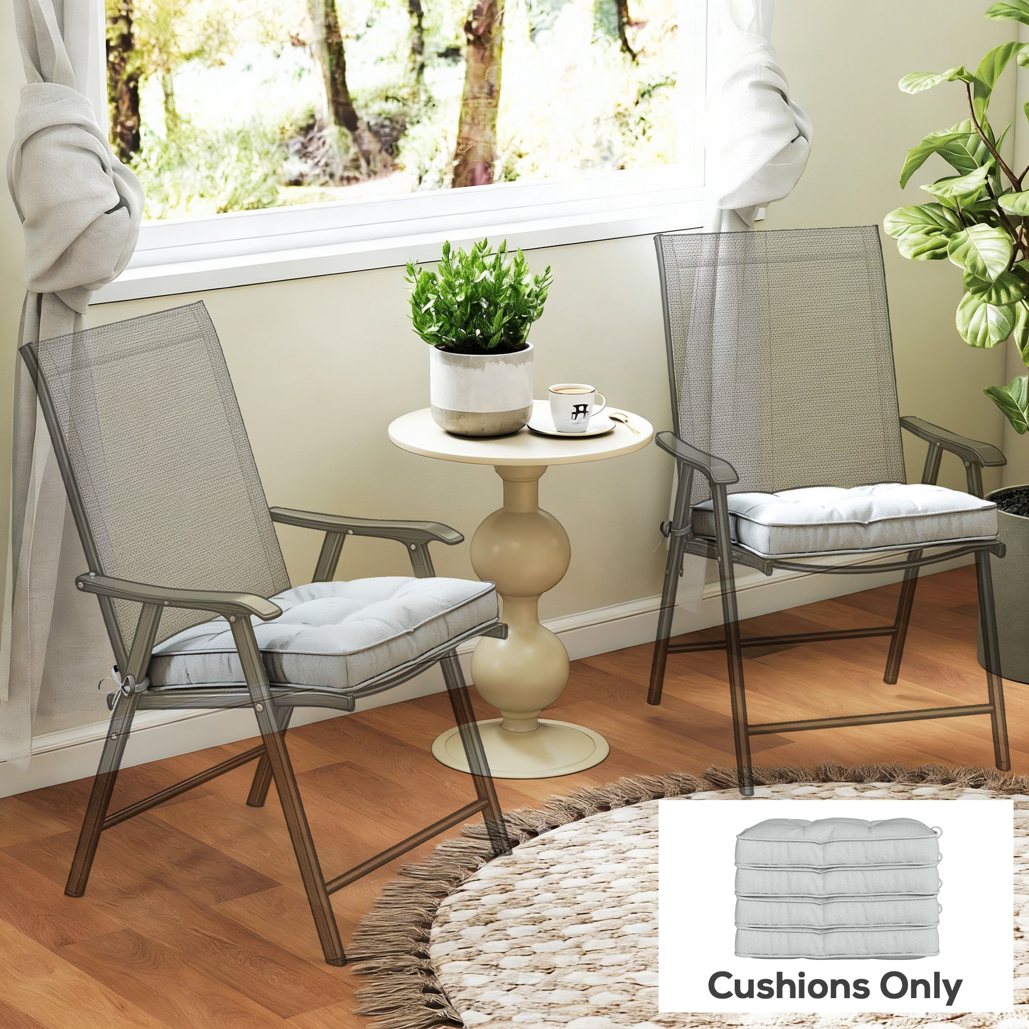 Set of 4 Garden Seat Cushion with Ties, 42 x 42cm Replacement Dining Chair Seat Pad, Light Grey