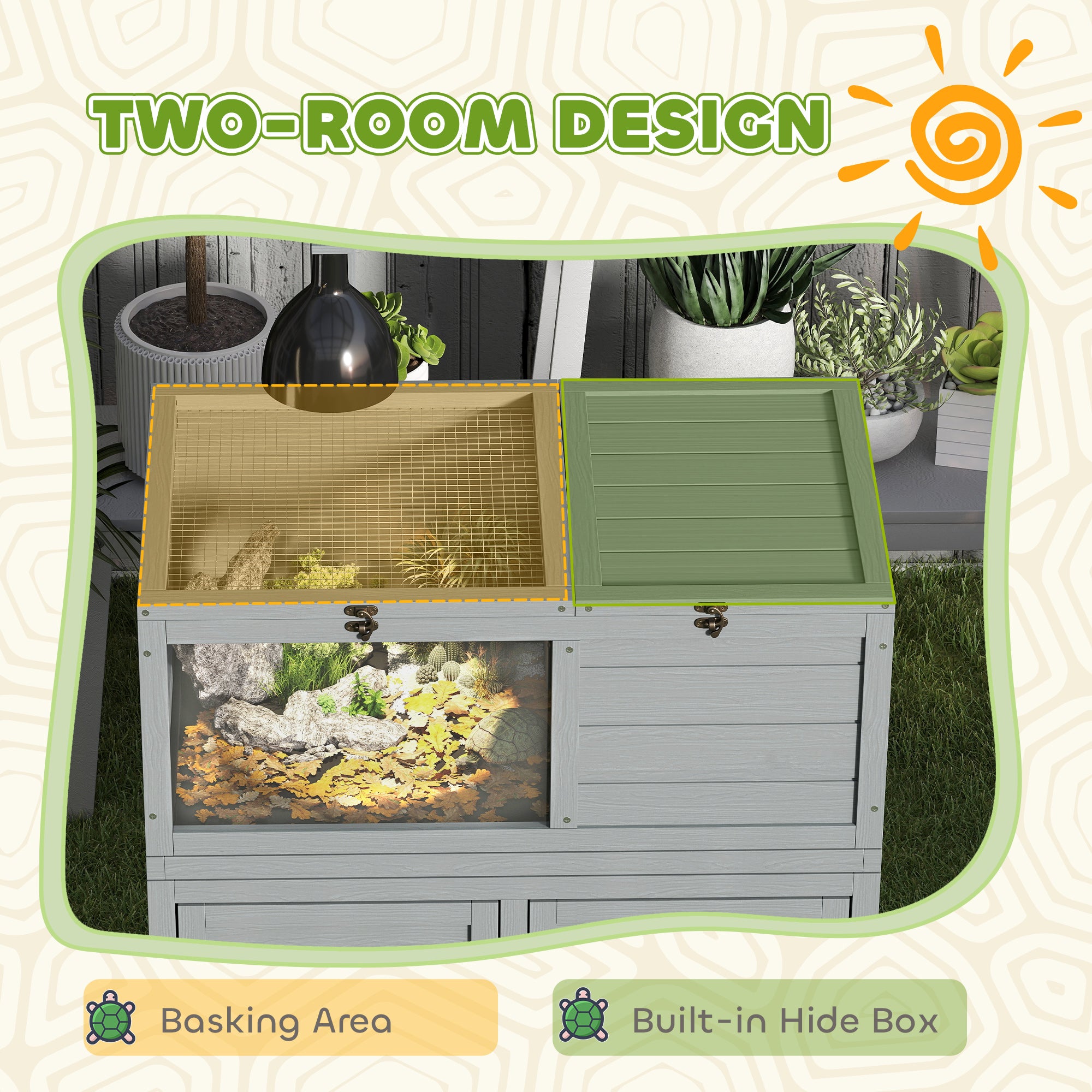 Wooden Tortoise House with Storage Cabinet, Openable Top & Observation Windows - Light Grey