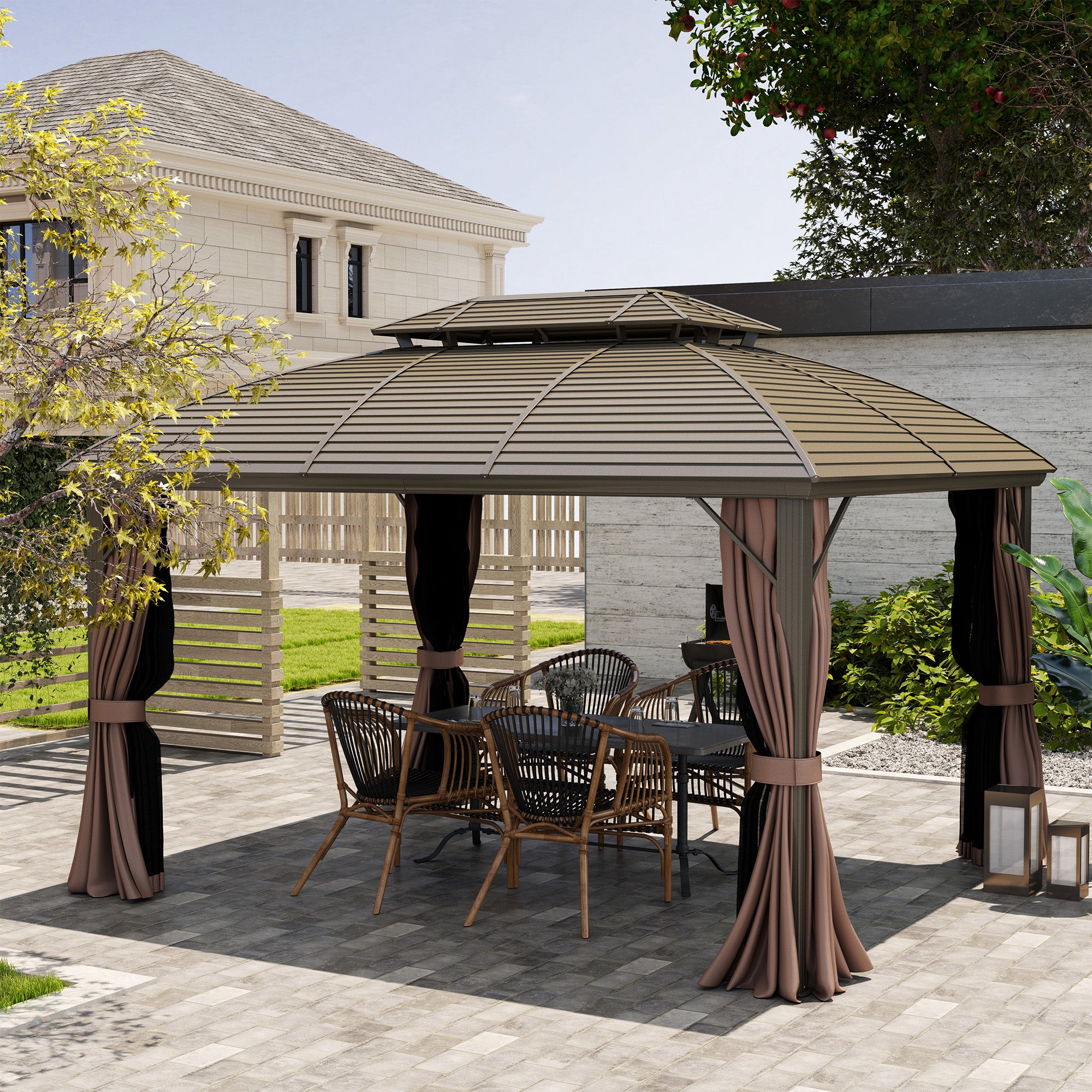 3.65 x 3m Hardtop Steel Gazebo Canopy with Aluminium Frame, Double Roof, Net Sidewalls & Curtains - Coffee