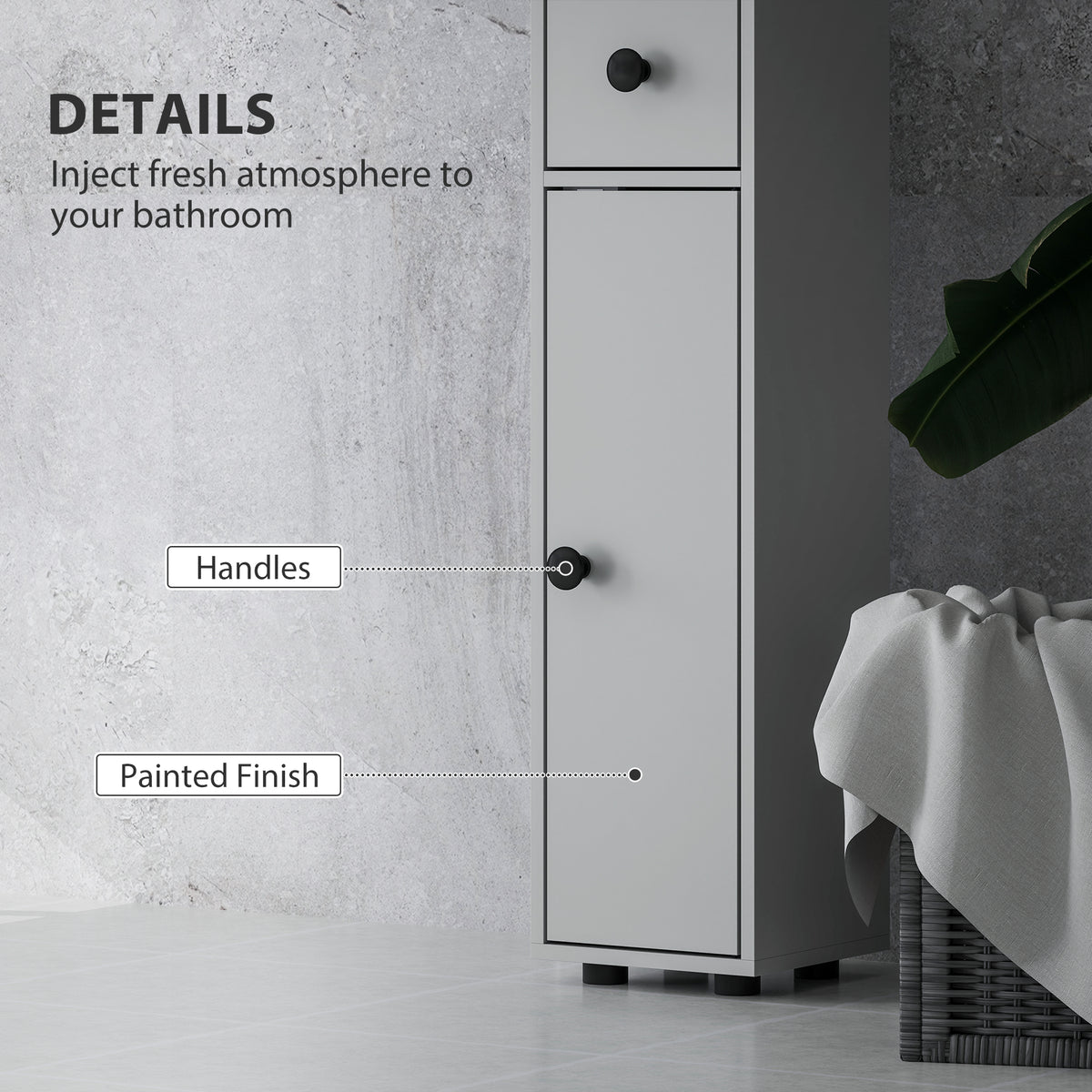 kleankin 180cm Slim Bathroom Cabinet, with Drawer, Shelves and Cupboards - Grey
