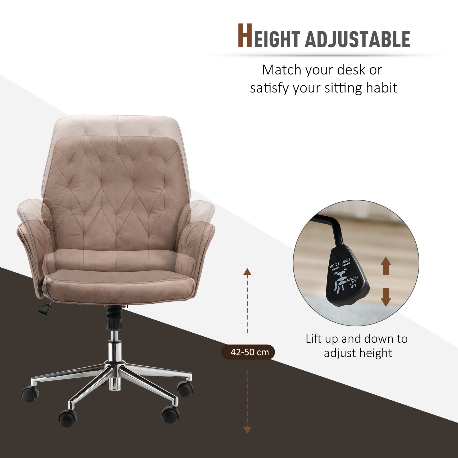 Office Desk Chair, Microfibre Vanity Chair with Adjustable Height, Armrest, Swivel Chair for Home, Coffee