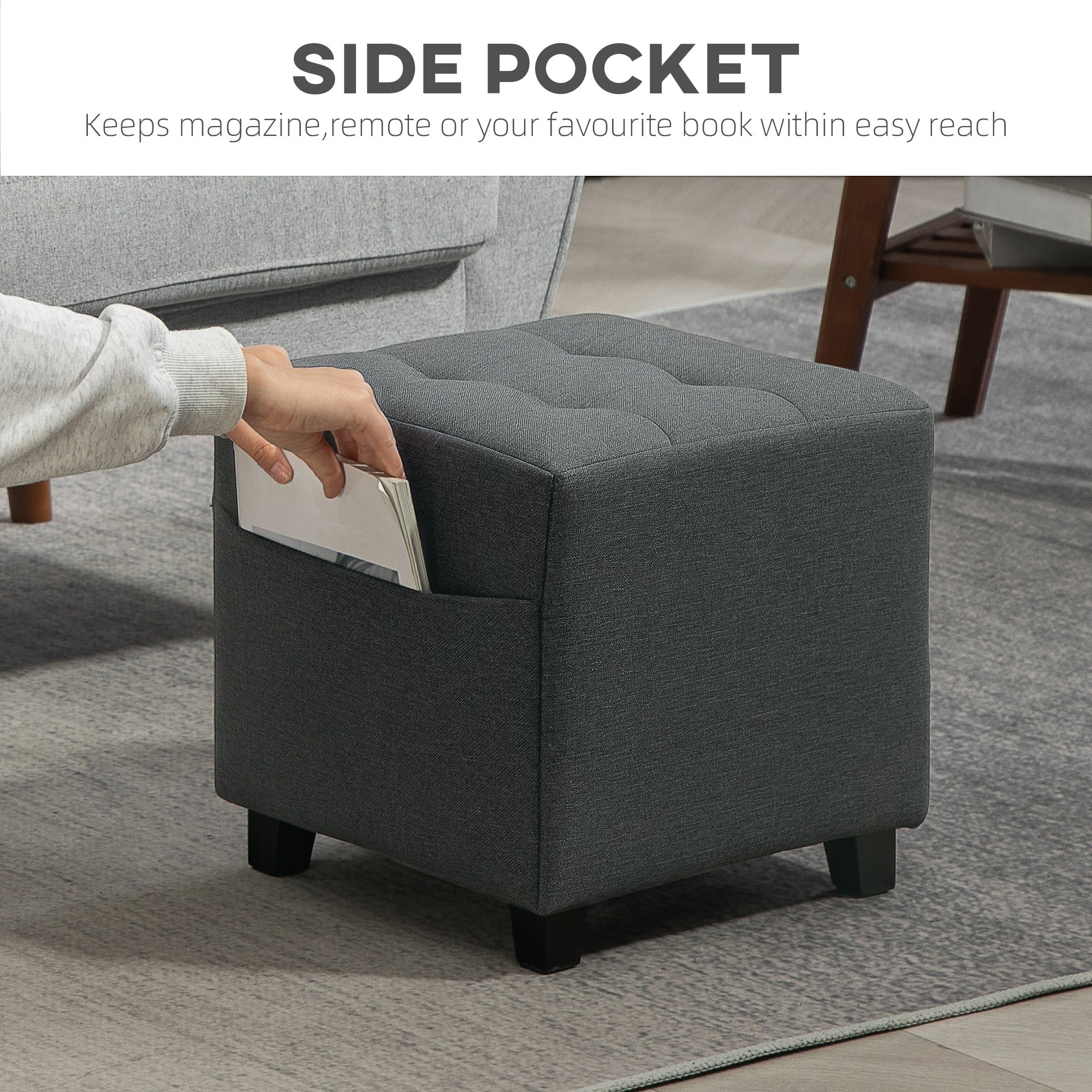 Square Small Ottoman Footstool with Side Pocket, Padded Linen Seat, Rubber Wood Legs, 35x35x35cm - Grey