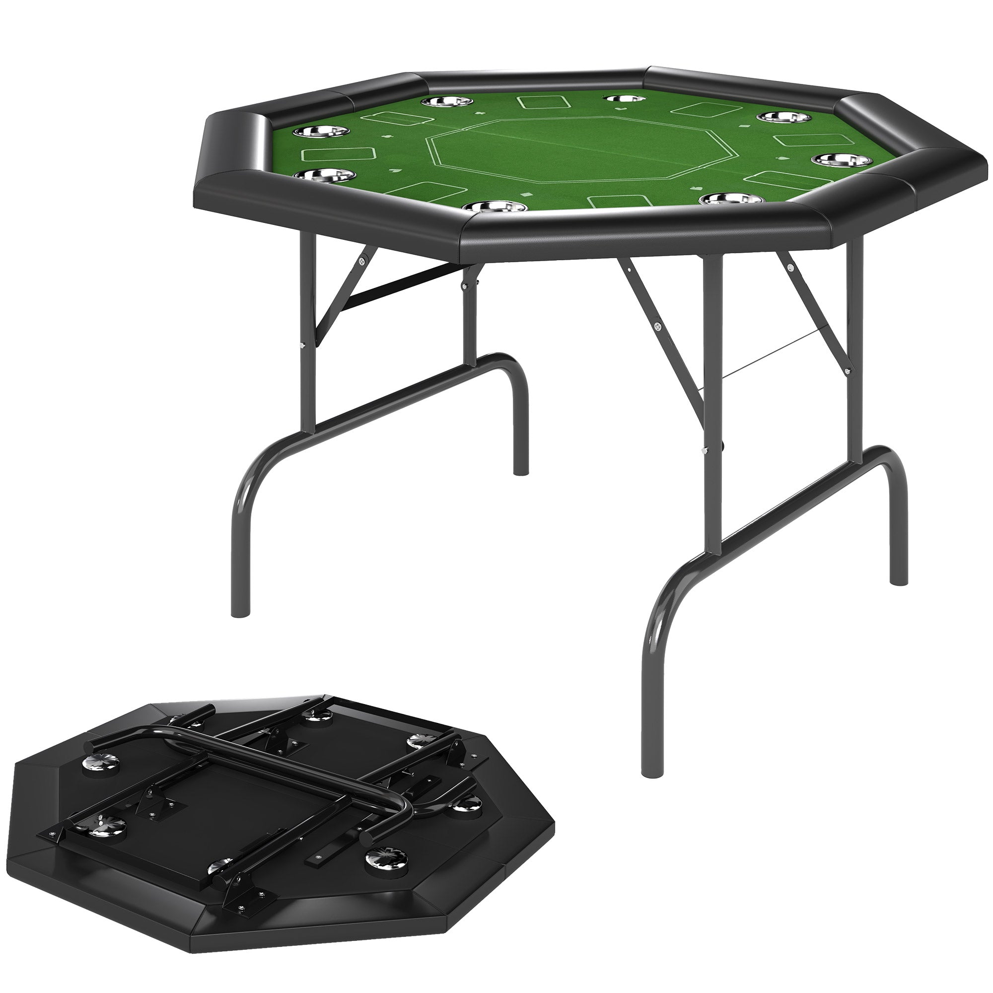 8 Player Folding Poker Table, Portable Octagon Blackjack Table with Cup Holders with Cup Holders, Padded Edge, Green