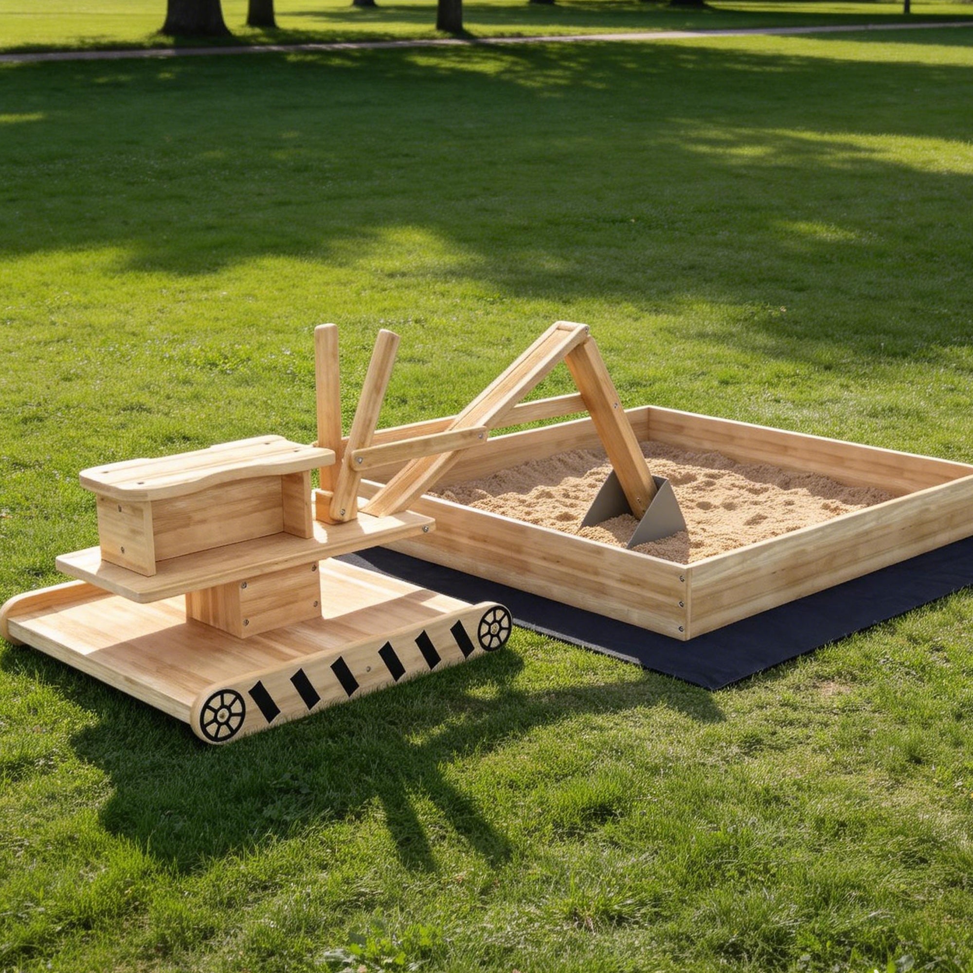Wooden Sand Pit with Digger, Kids Sandbox Outdoor, SandPit with 360 Swivel Seat and Bottom Liner