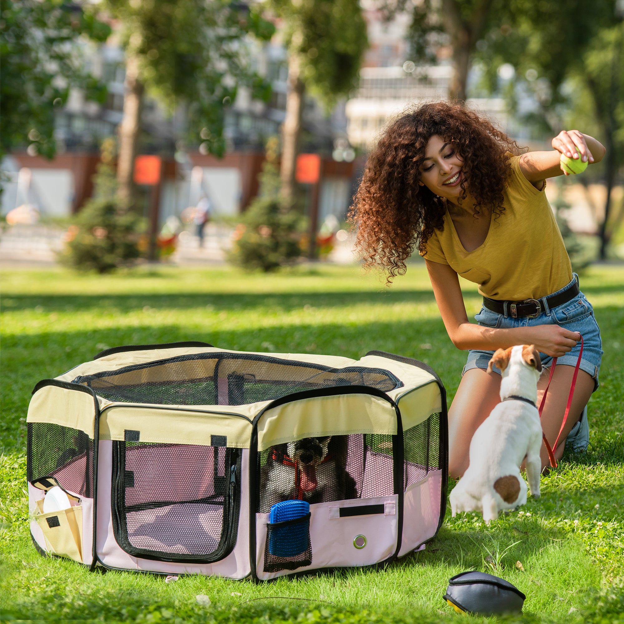 Fabric Pet Whelping Box Dog Cat Puppy Playpen Rabbit Guinea Pig Play Pen in Pink With Carry Bag Small Dia 90 x 41Hcm