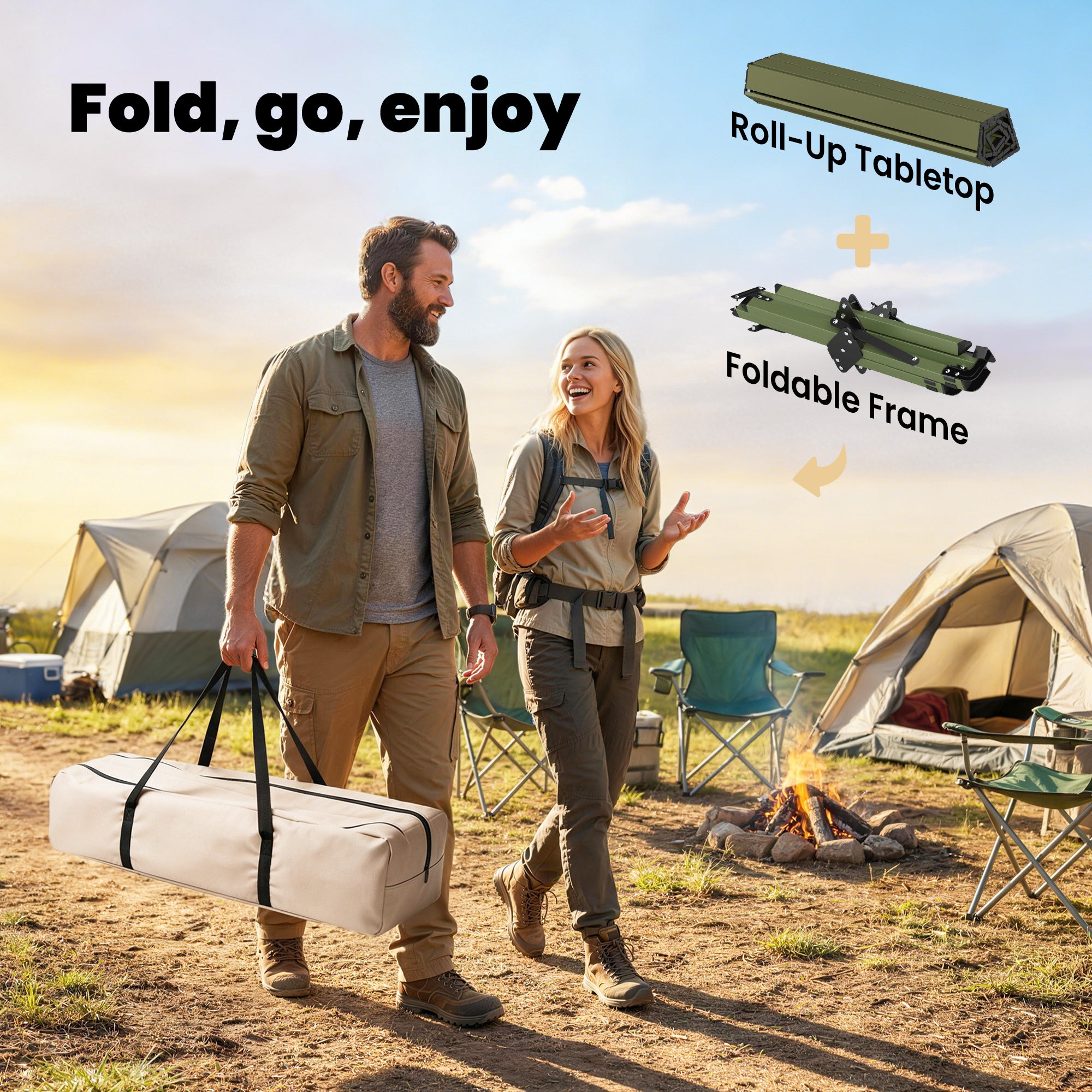 4ft Folding Camping Table, Waterproof Picnic Table with Roll Up Top and Metal Frame, Green