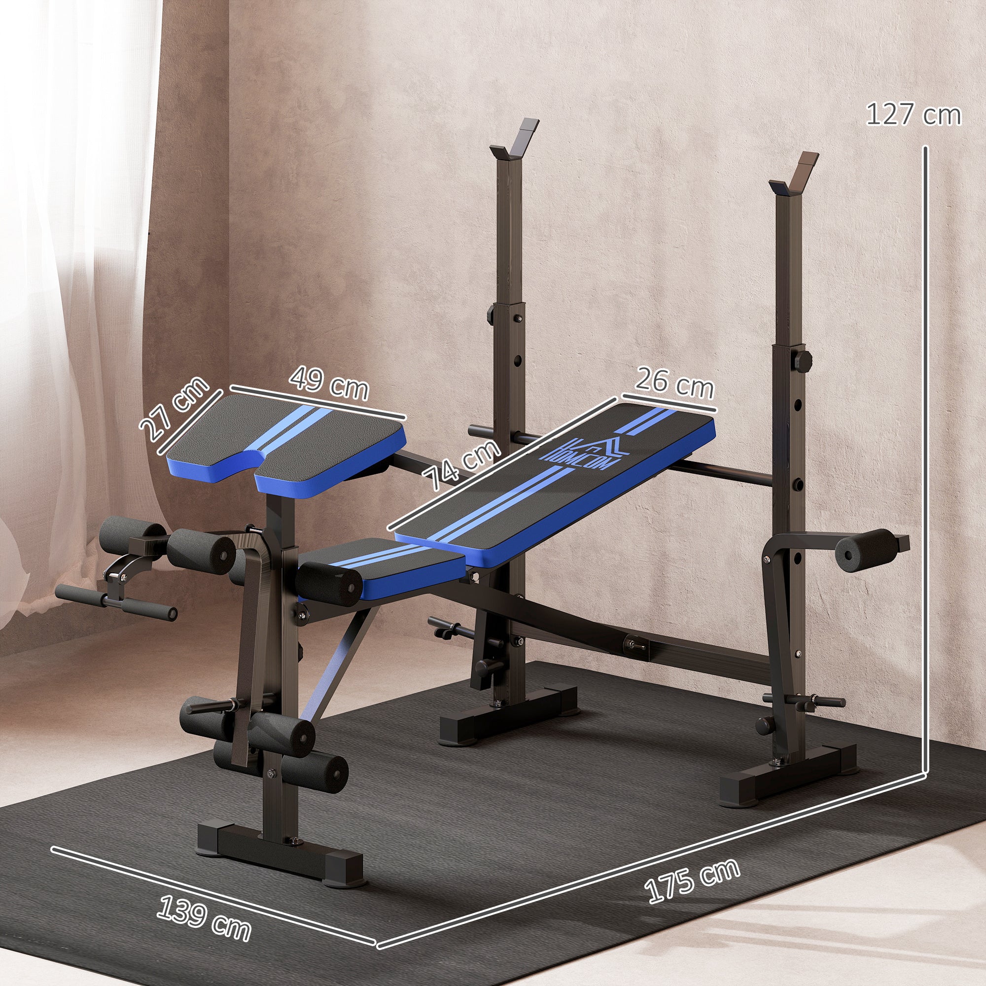 Adjustable Weight Bench with Leg Extension, Barbell Rack, Preacher Curl Pad, Butterfly, Multi-Function Home Gym Bench for Strength Training, Blue