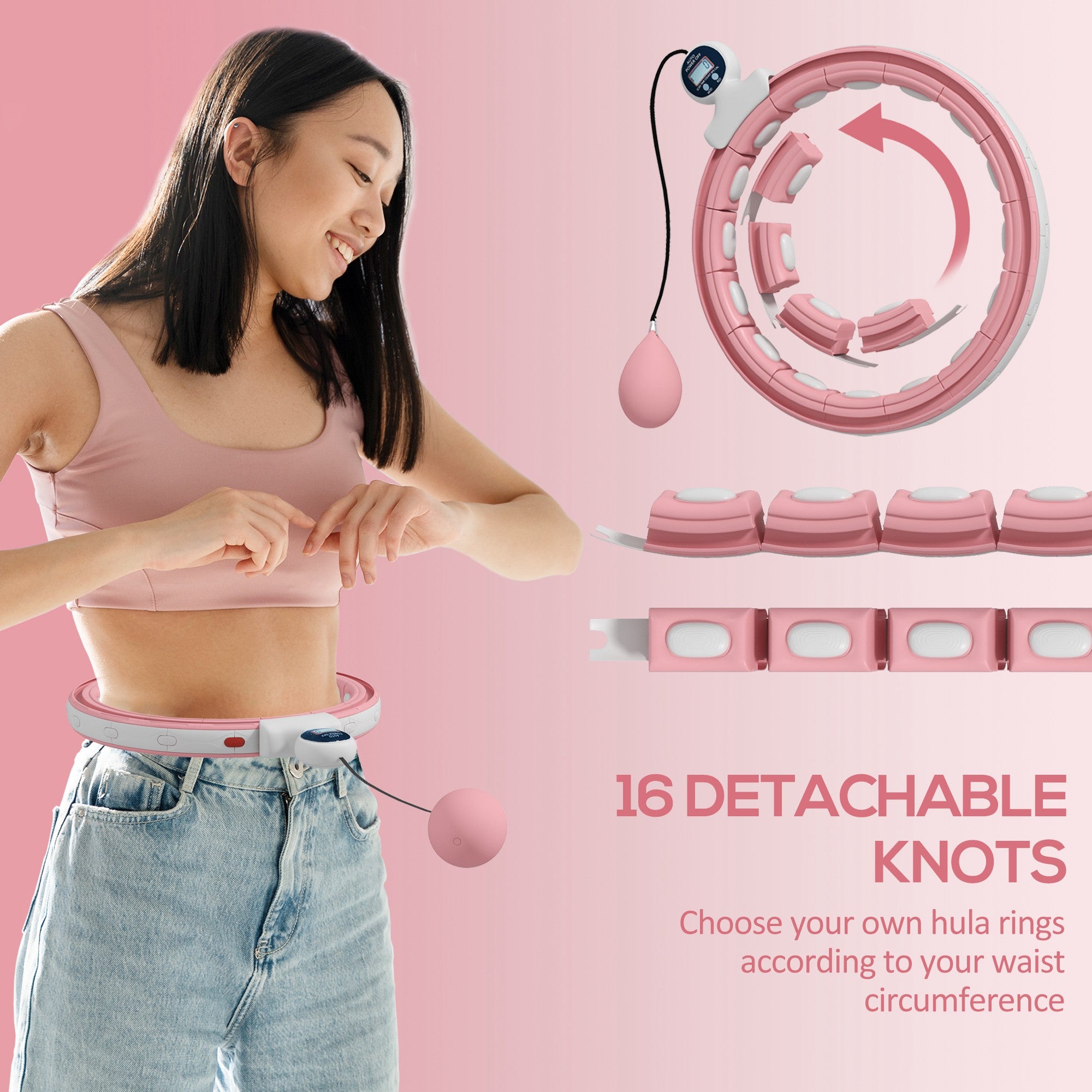 Smart Weighted Hula Hoop, Massage Hula Ring with 16 Detachable Knots, 360° Auto-Rotating Ball and Digital Counter