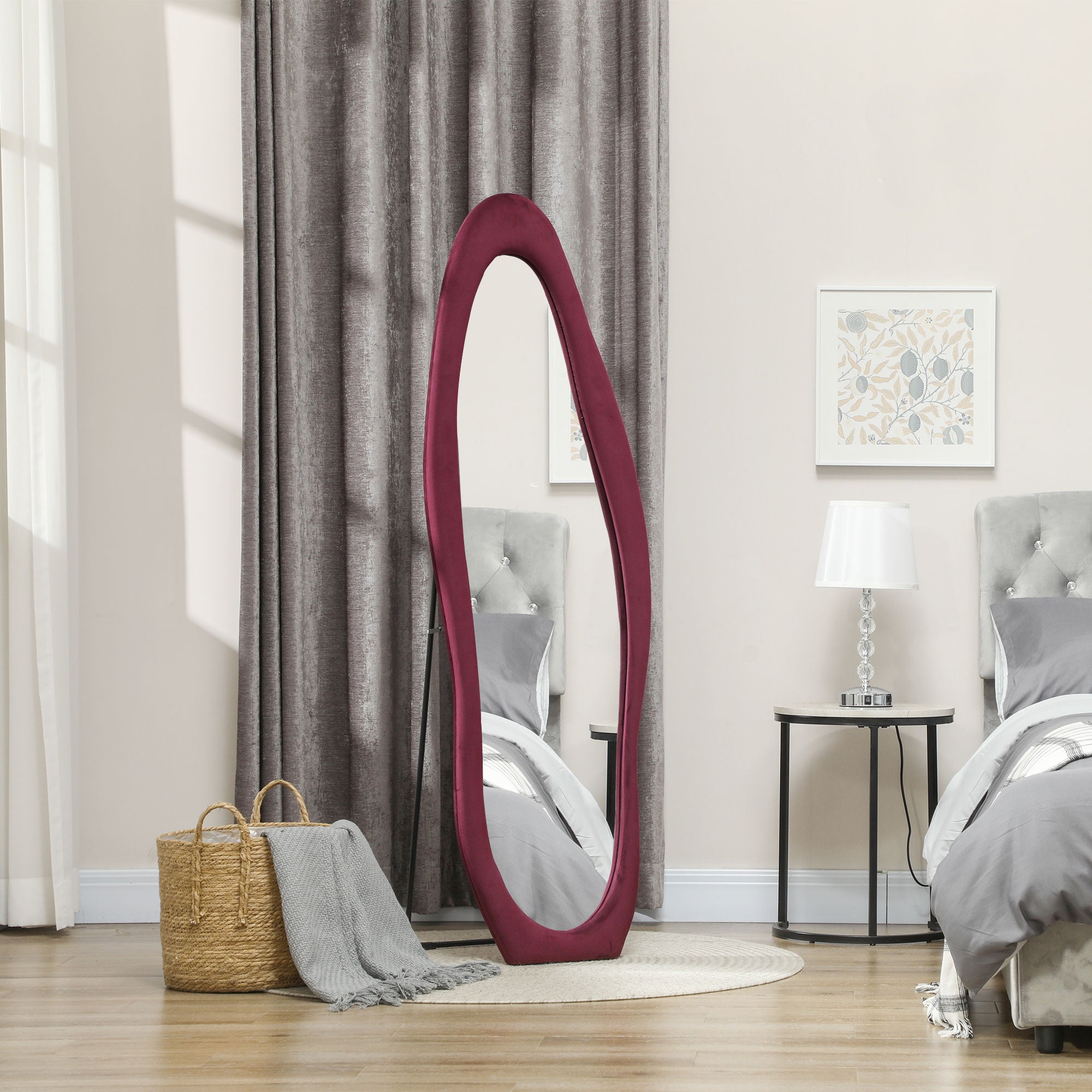 Wavy Velvet-Feel Full Length Mirror - Wine Red