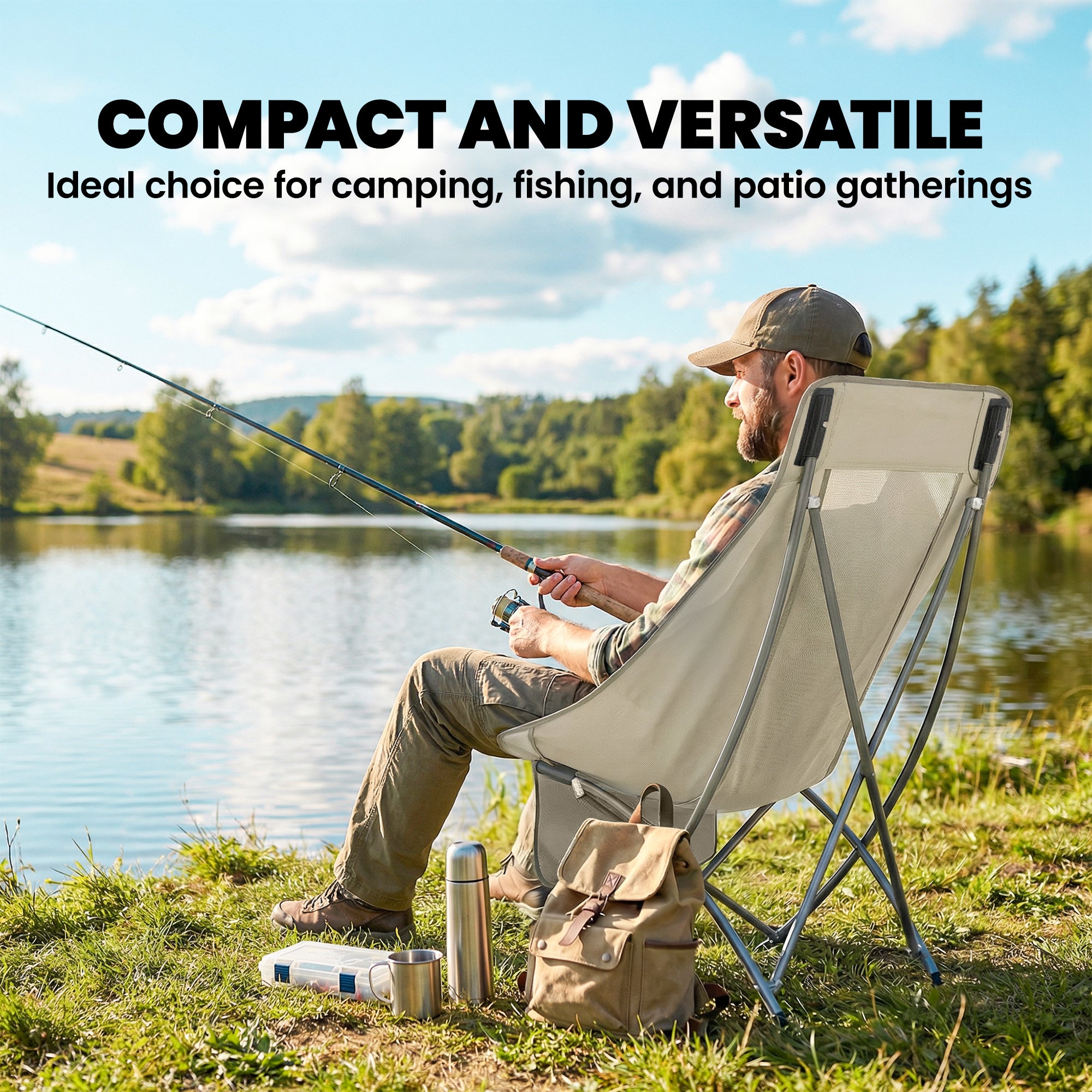 Camping Chair for Adults Heavy Duty Folding Camp Chair with Side Pocket and Carry Bag Khaki