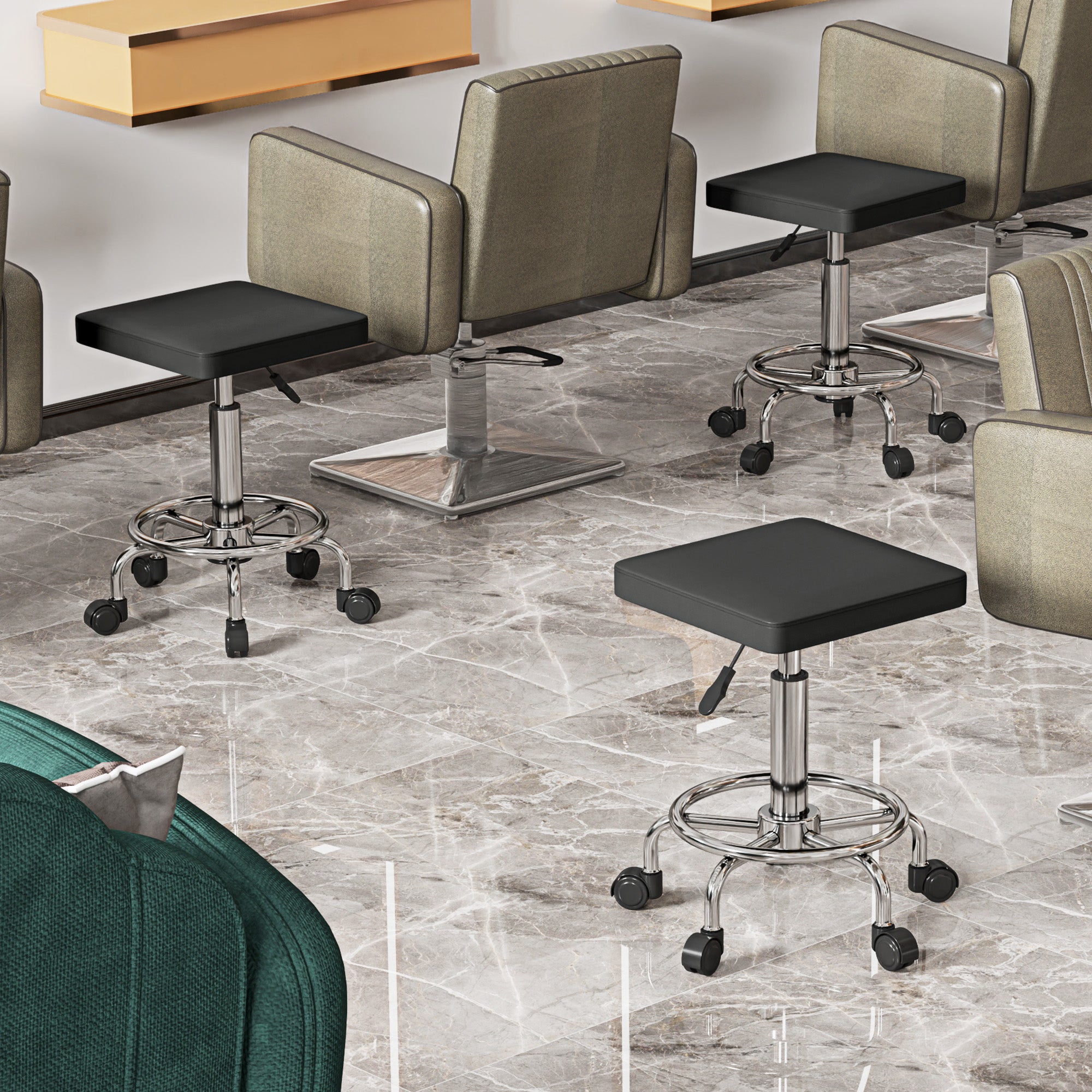 Adjustable PU Leather Rolling Stool - Black