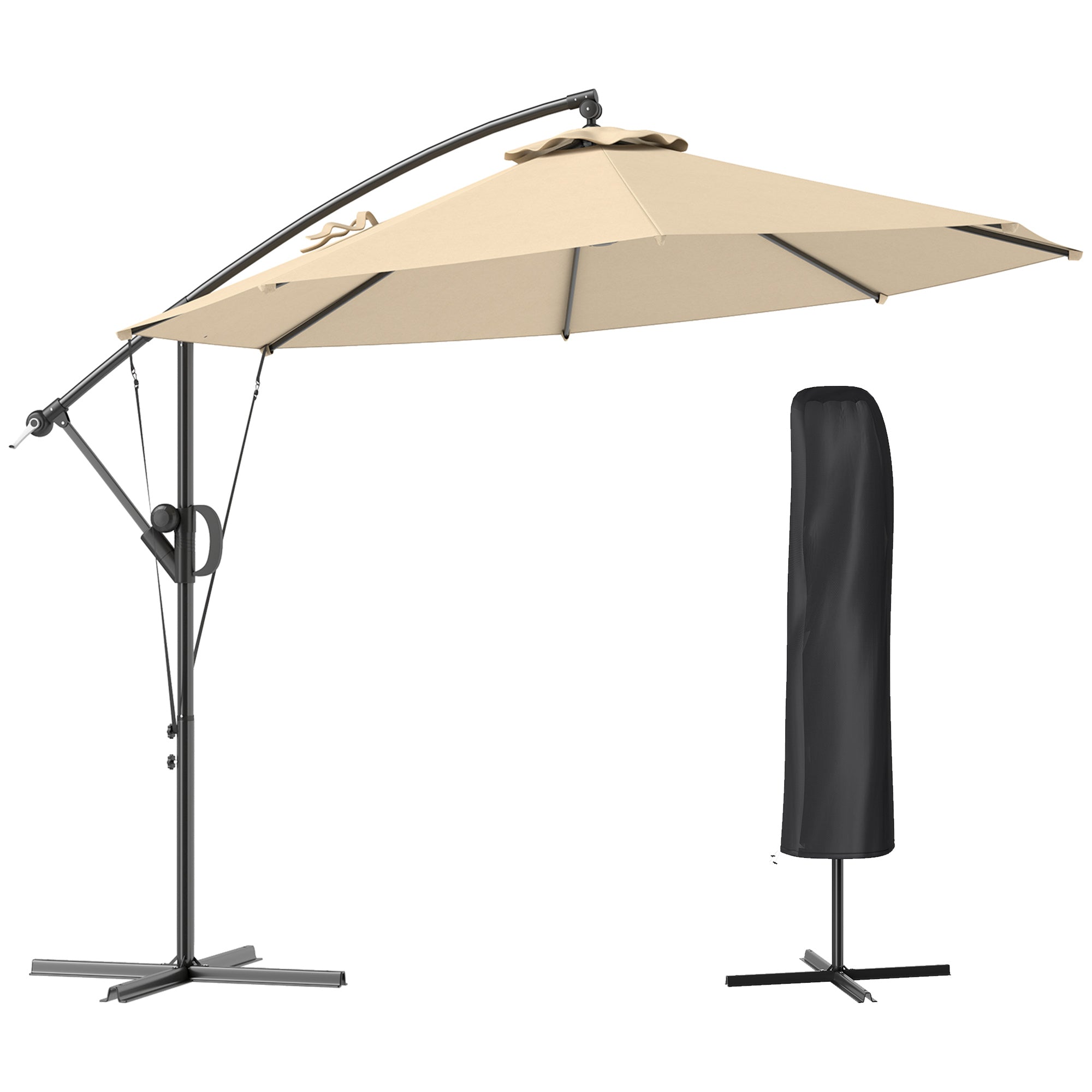 3 Metre Garden Cantilever Parasol with Cover and Wind Protection Strap - Khaki