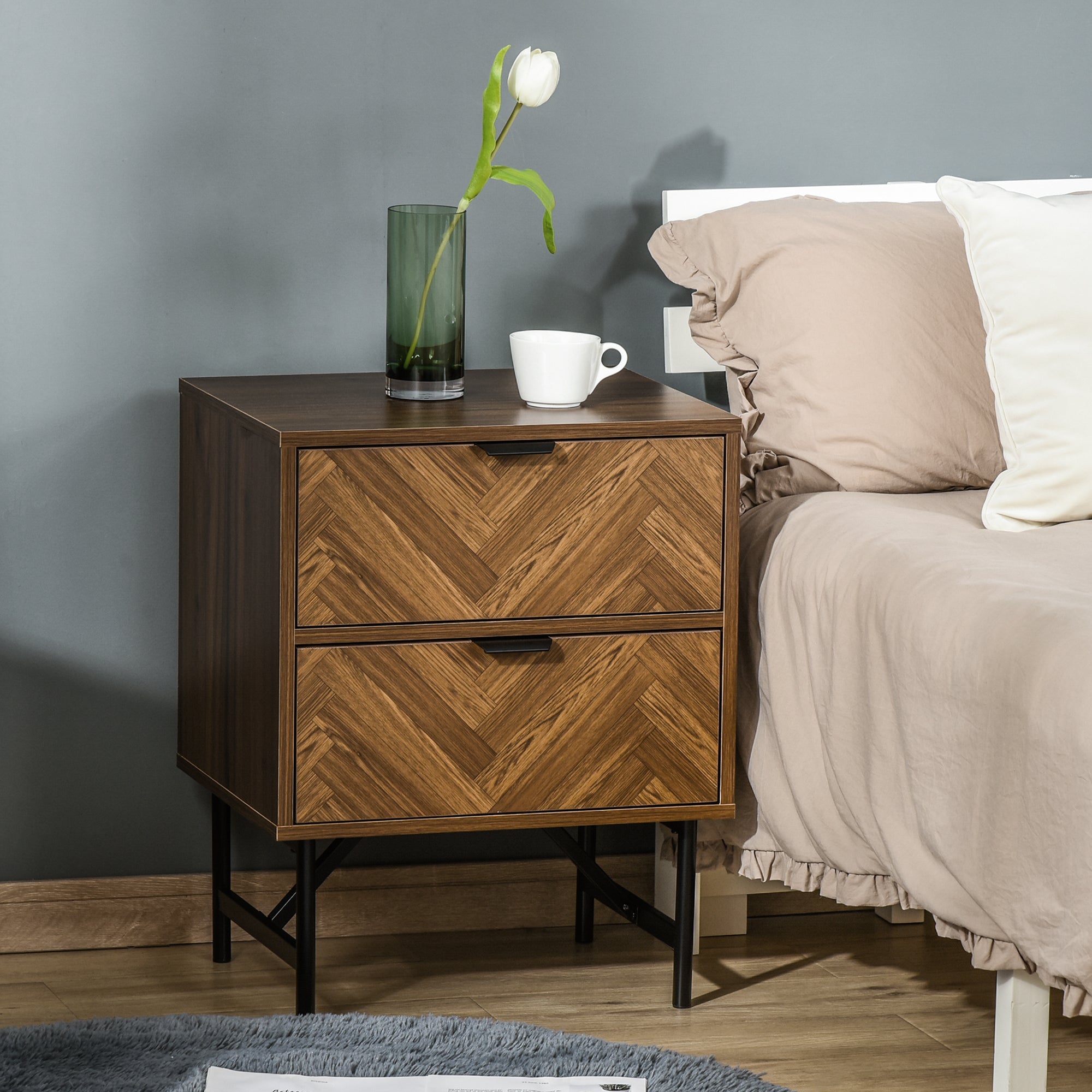 Bedside Table Set of 2 with 2 Drawers, Modern Side Tables with Herringbone Pattern and Metal Legs for Bedroom, Living Room, Walnut Brown