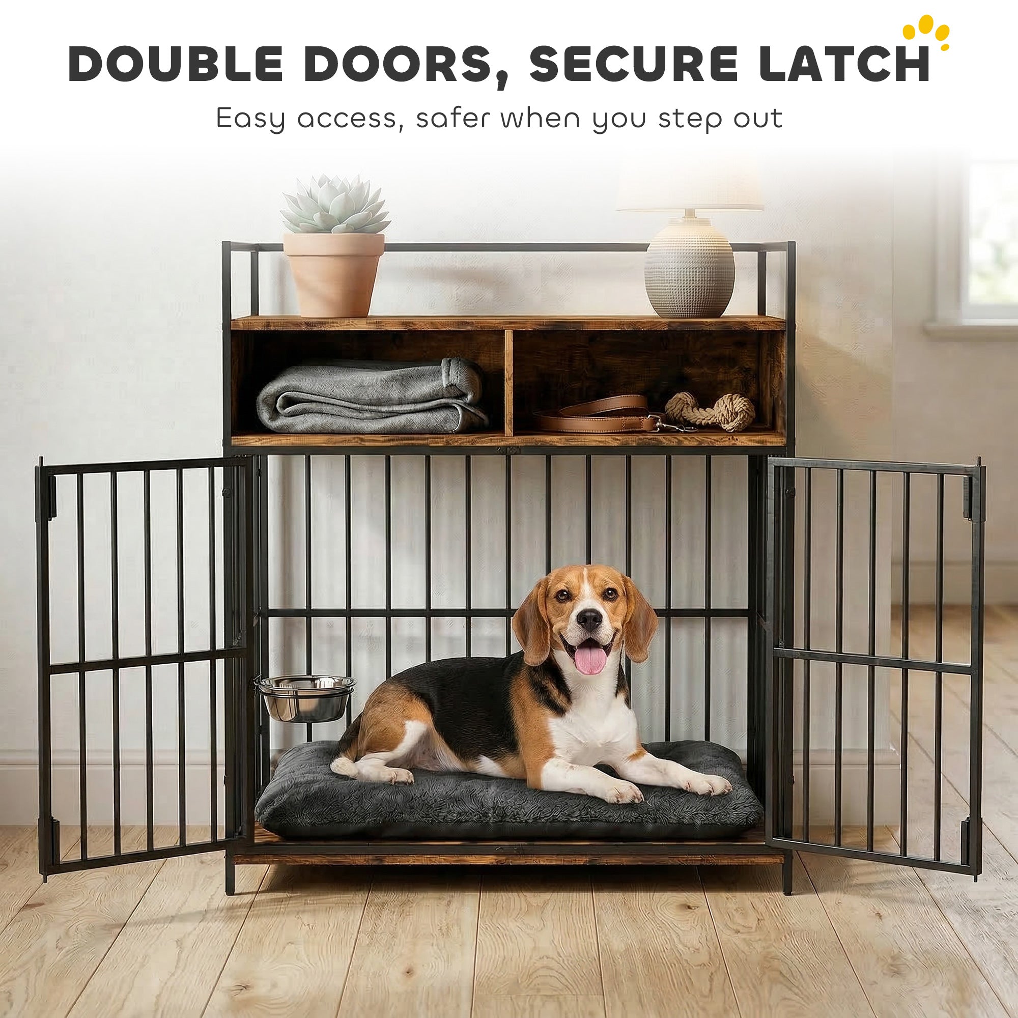 Dog Crate Furniture, Dog Cage with Rotatable Feeding Station and Storage Shelves, End Side Table Indoor Pet Kenne