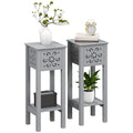 Set of 2 Elegant Floral Cut-Out Side Tables with Drawer and Shelf - Grey