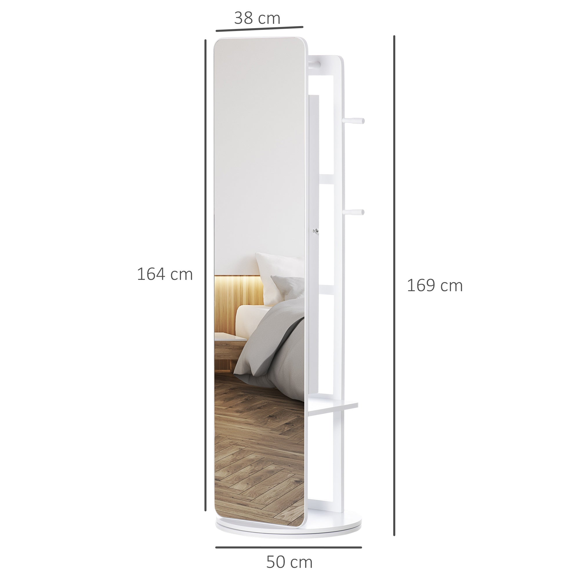 Full Length Mirror W/ Jewelry Cabinet Coat Rack, 360° Rotate White