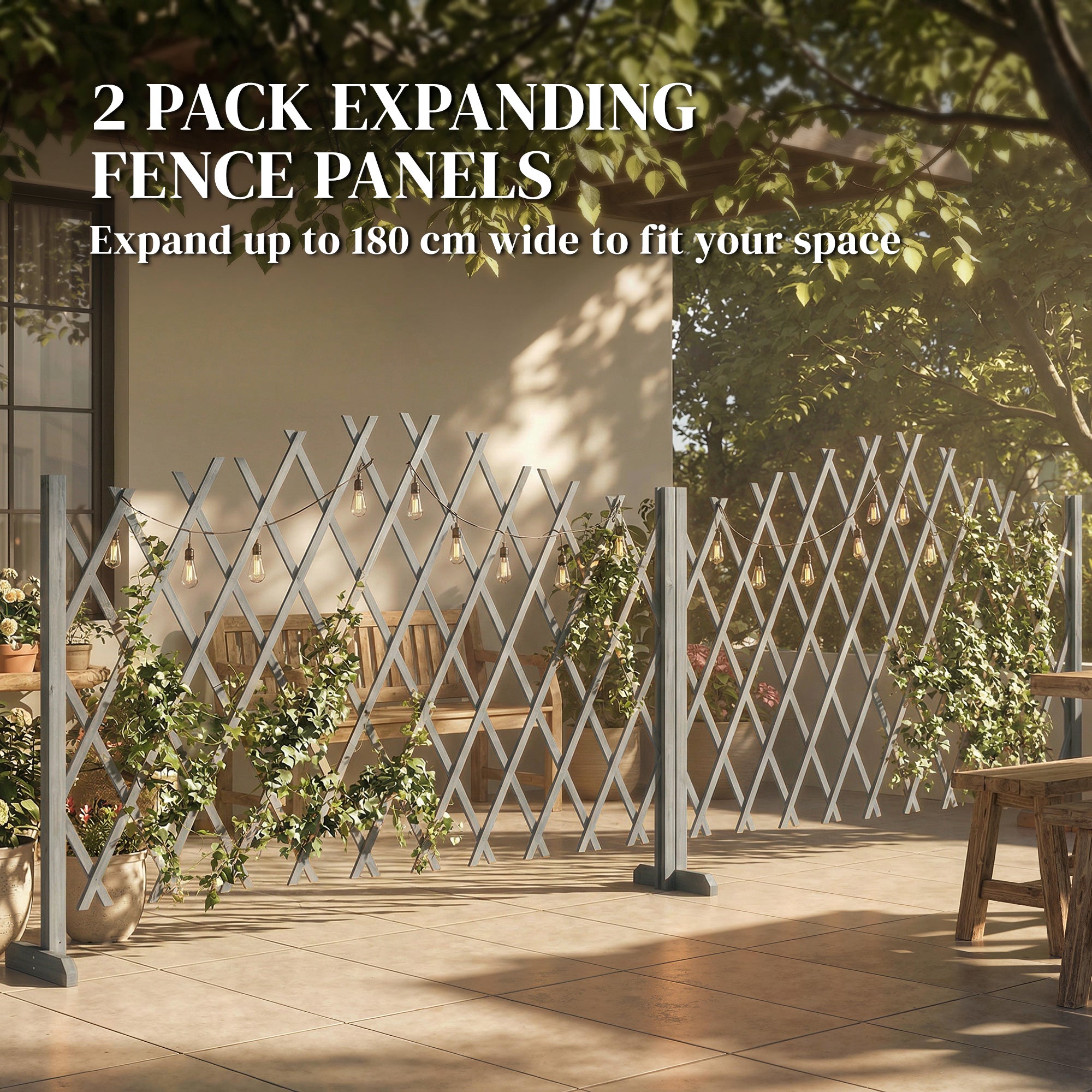 2 Pack Expanding Fence Panels, Wooden Freestanding Garden Fence with Stable Feet, 180 x 30 x 103cm, Dark Grey