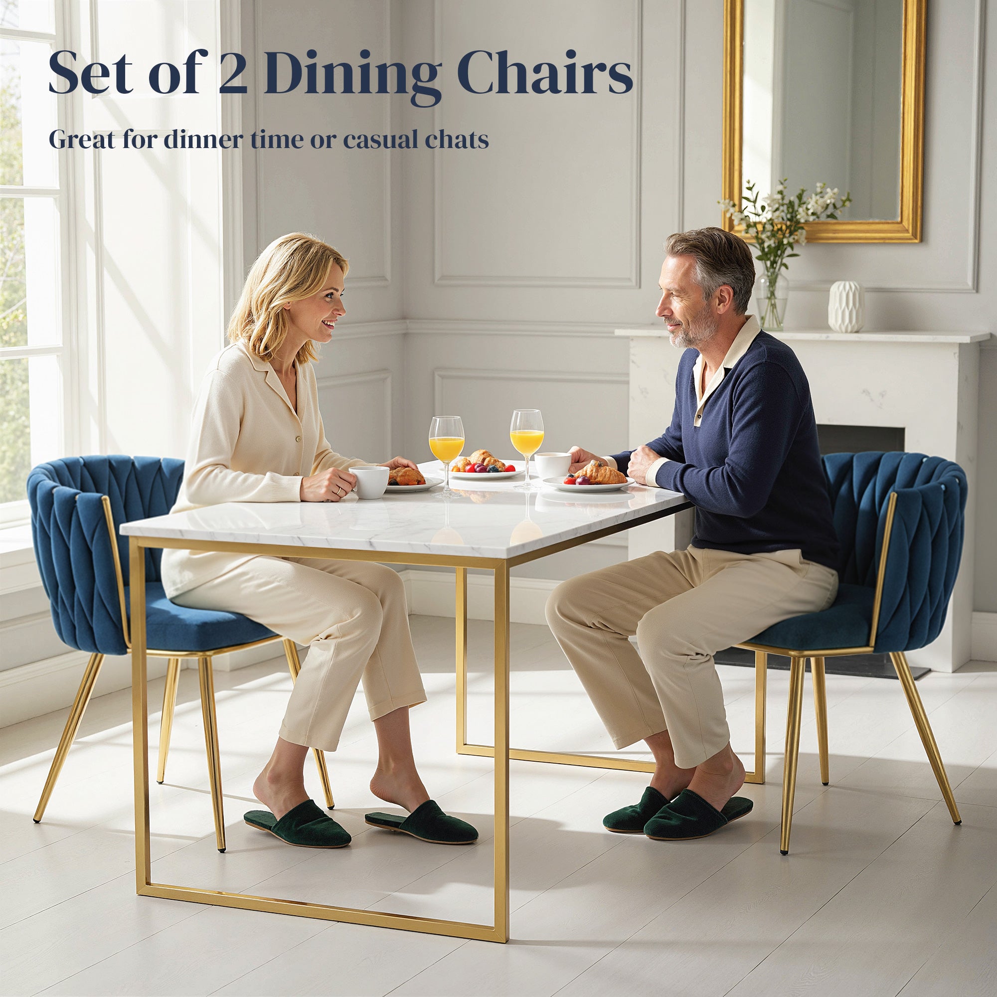 Velvet-Feel Dining Chairs Set of 2, Modern Upholstered Armchair with Knot Design and Golden Metal Legs, Accent Chair for Dining Room, Bedroom, Kitchen, Living Room, Dark Blue