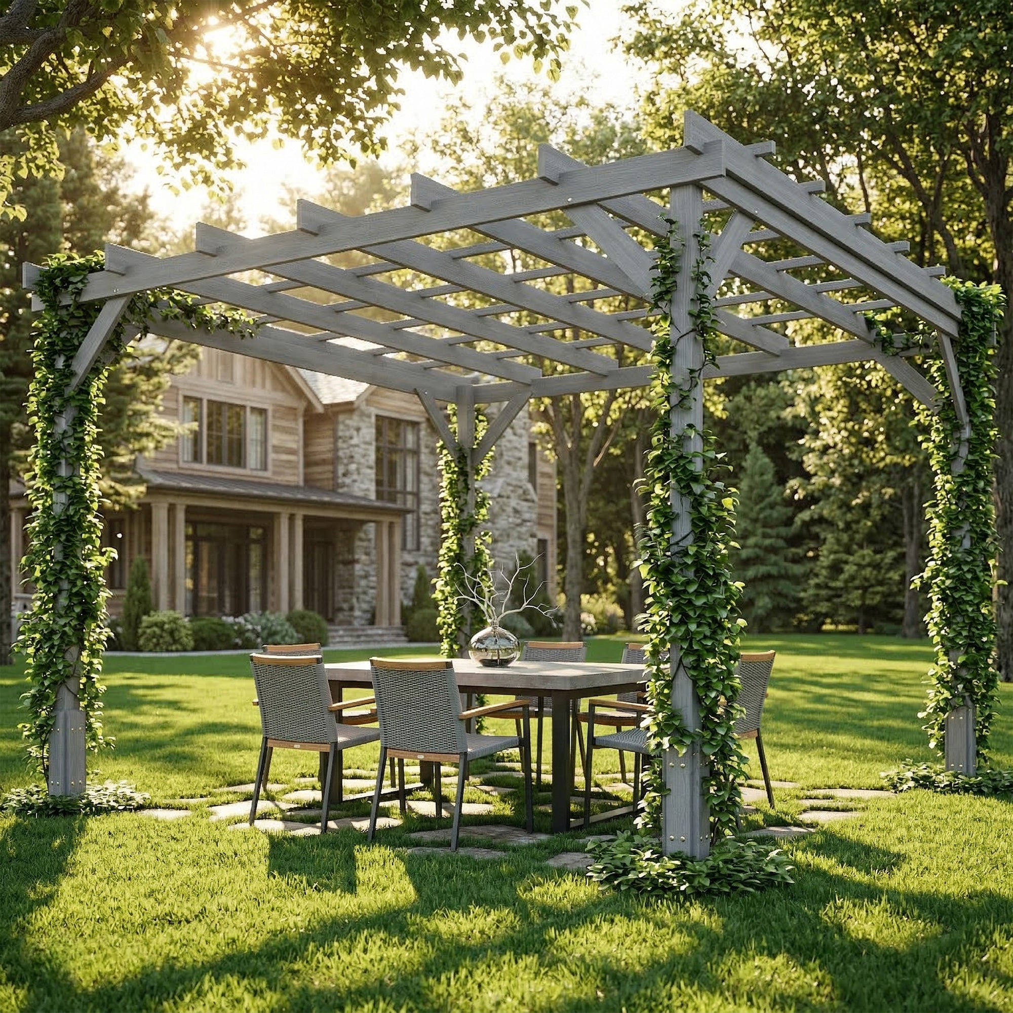 3 x 3 m Wooden Pergola Kit, Decorative Garden Gazebo Shelter with Stable Structure for Climbing Vines, Grey
