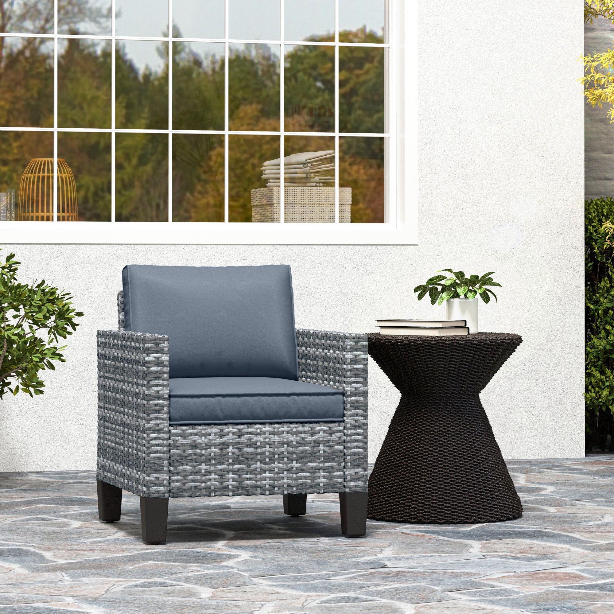 Single Rattan Armchair with Cushions for Outdoor Seating - Light Grey