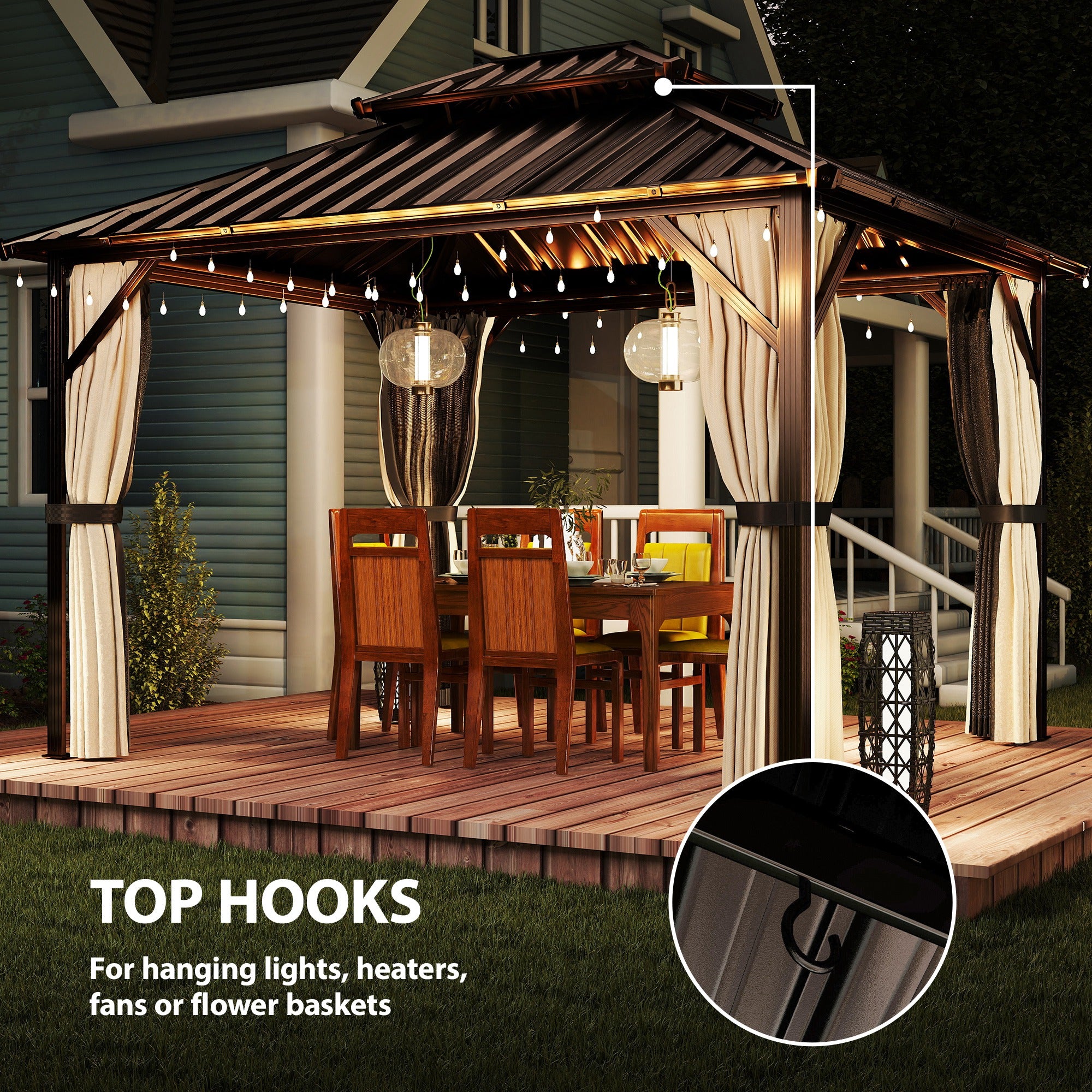 3x3.6 m Hardtop Gazebo Canopy with UPF50+ Double Galvanised Steel Roof, Aluminium Garden Gazebo Permanent Pavilion, Brown