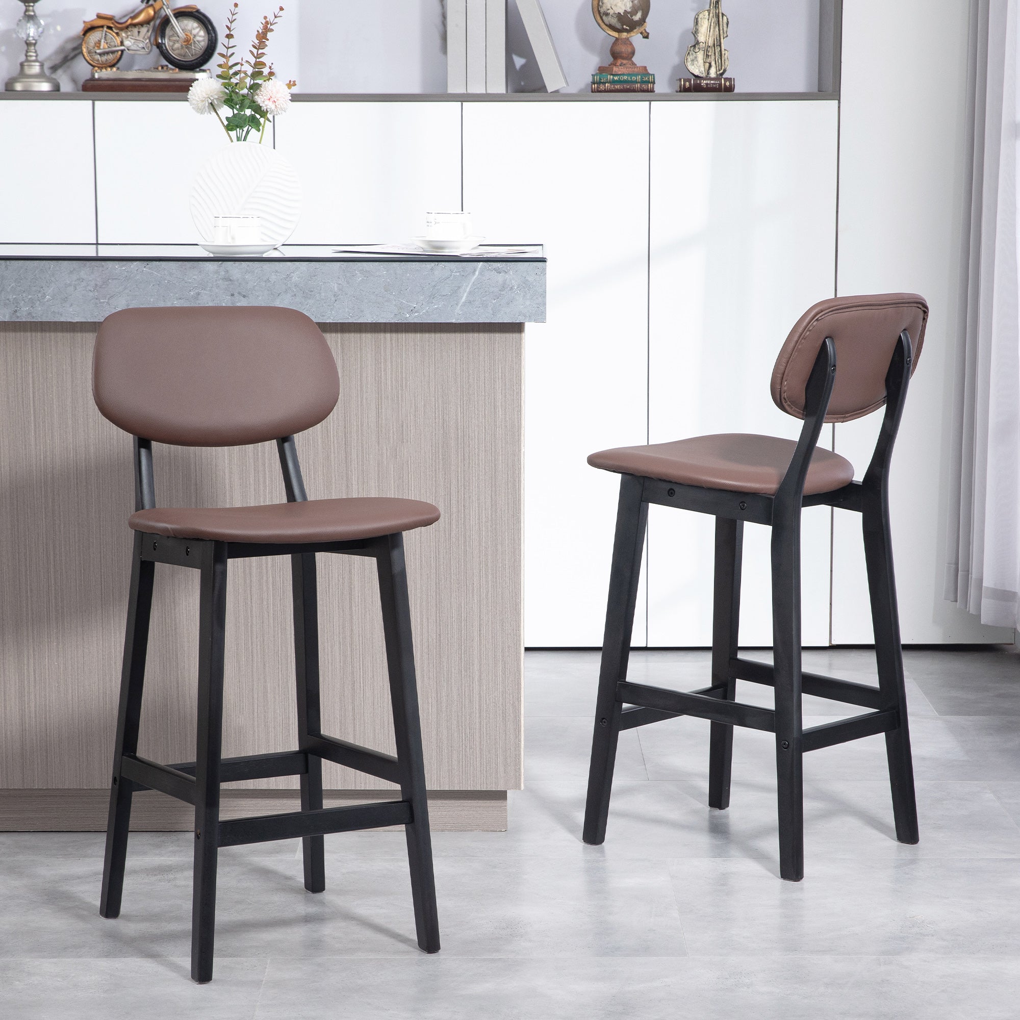 Bar Stools Set of 2, Contemporary Breakfast Bar Chairs, Faux Leather Upholstered Kitchen Stools with Backs and Solid Wood Legs, Brown