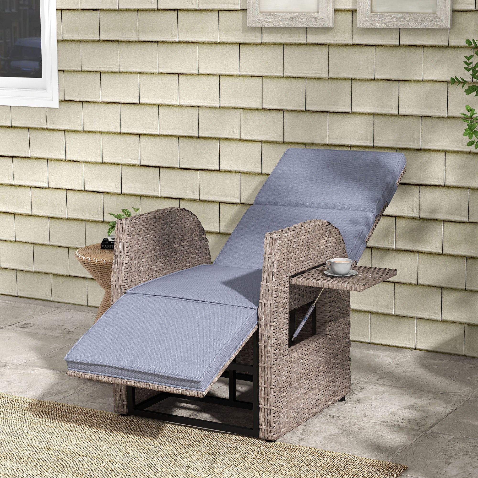 148° Reclining Rattan Garden Armchair, with Footrest - Brown/Grey