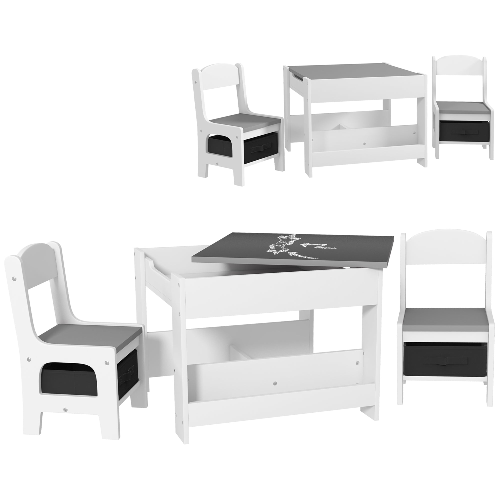 3 Piece Kids Table and Chair Set with Blackboard and Storage - Grey