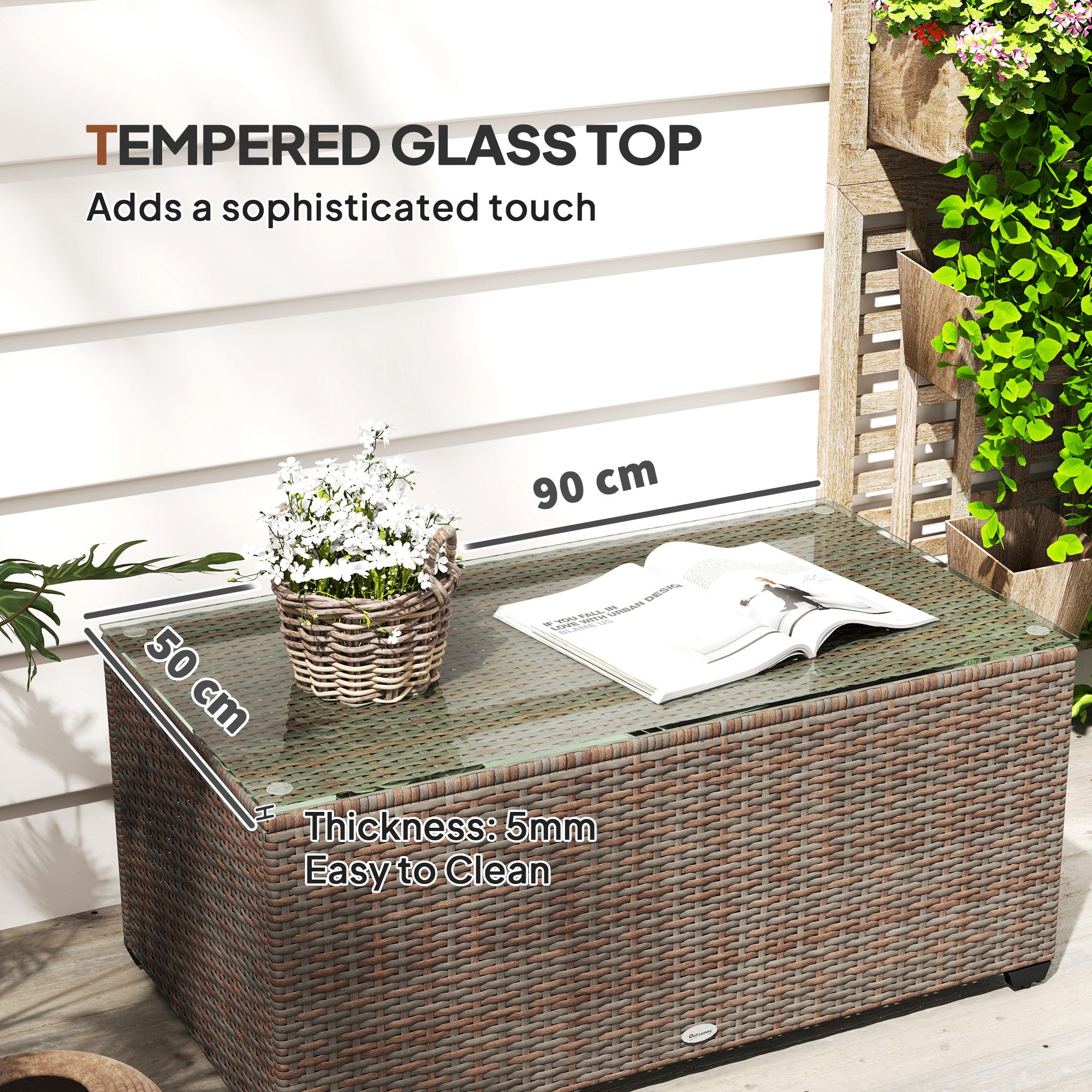 90 x 50cm Glass Top Rattan Side Table with Tempered Glass Brown