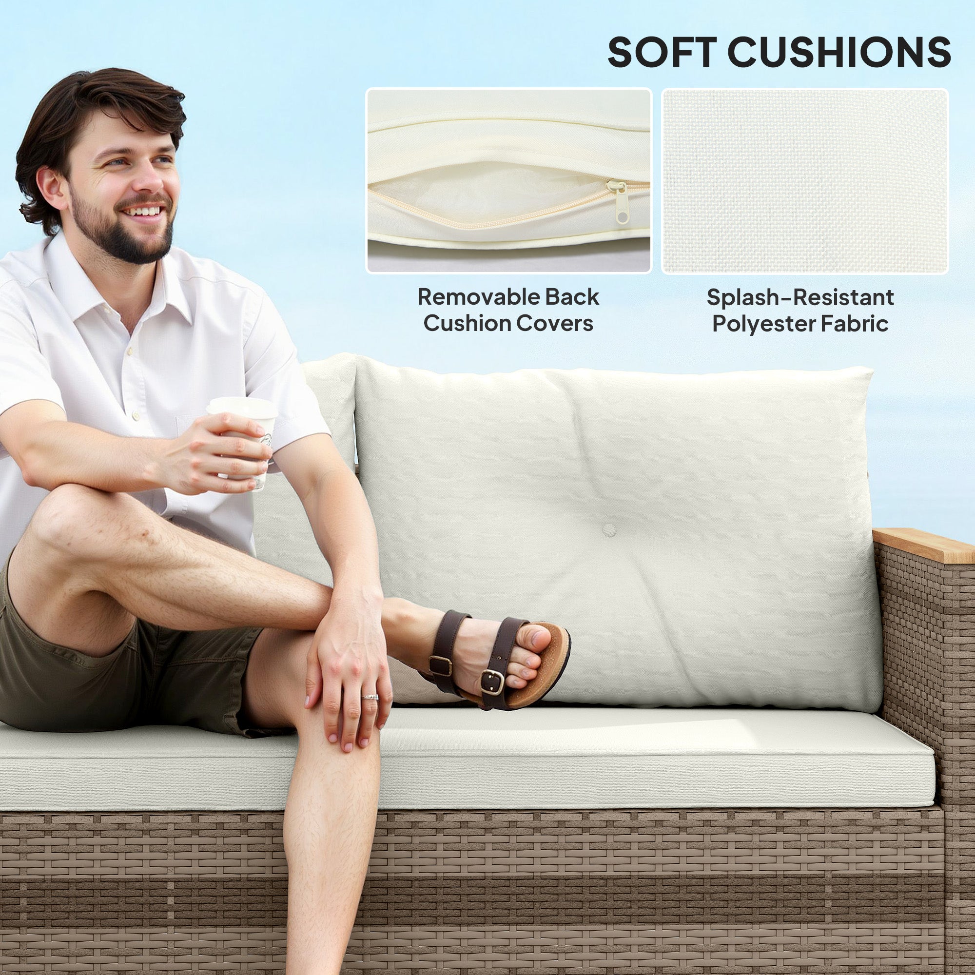 3 Pieces Rattan Garden Furniture Set, L Shaped Garden Conversation Chaise Lounge Furniture with Wood Top Coffee Table and Thick Cushions, Cream