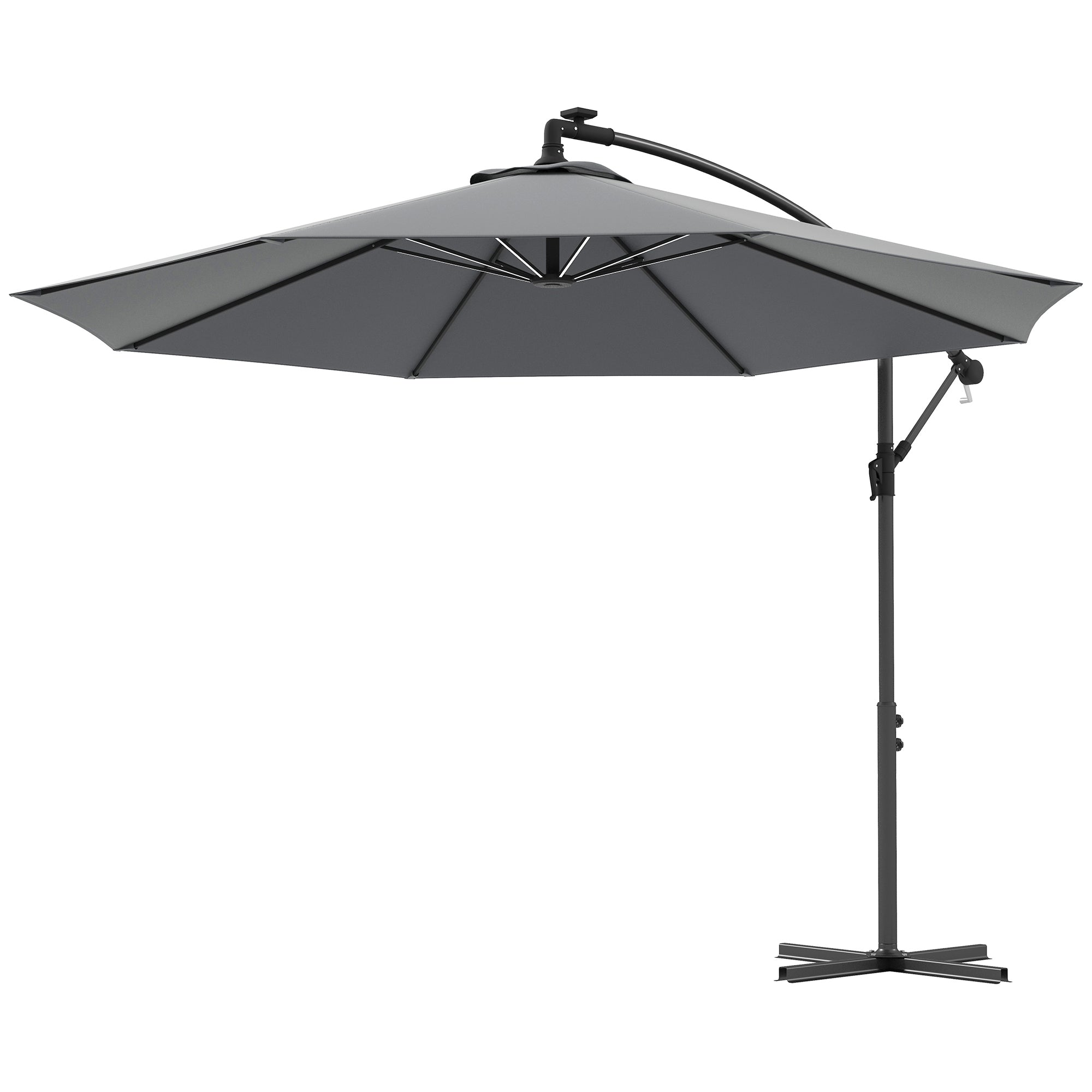 3(m) Cantilever Parasol with Solar LED Lights, Garden Umbrella with Cross Base and Crank Handle, Hanging Offset Banana Sun Shade for Outdoor, Patio, Grey