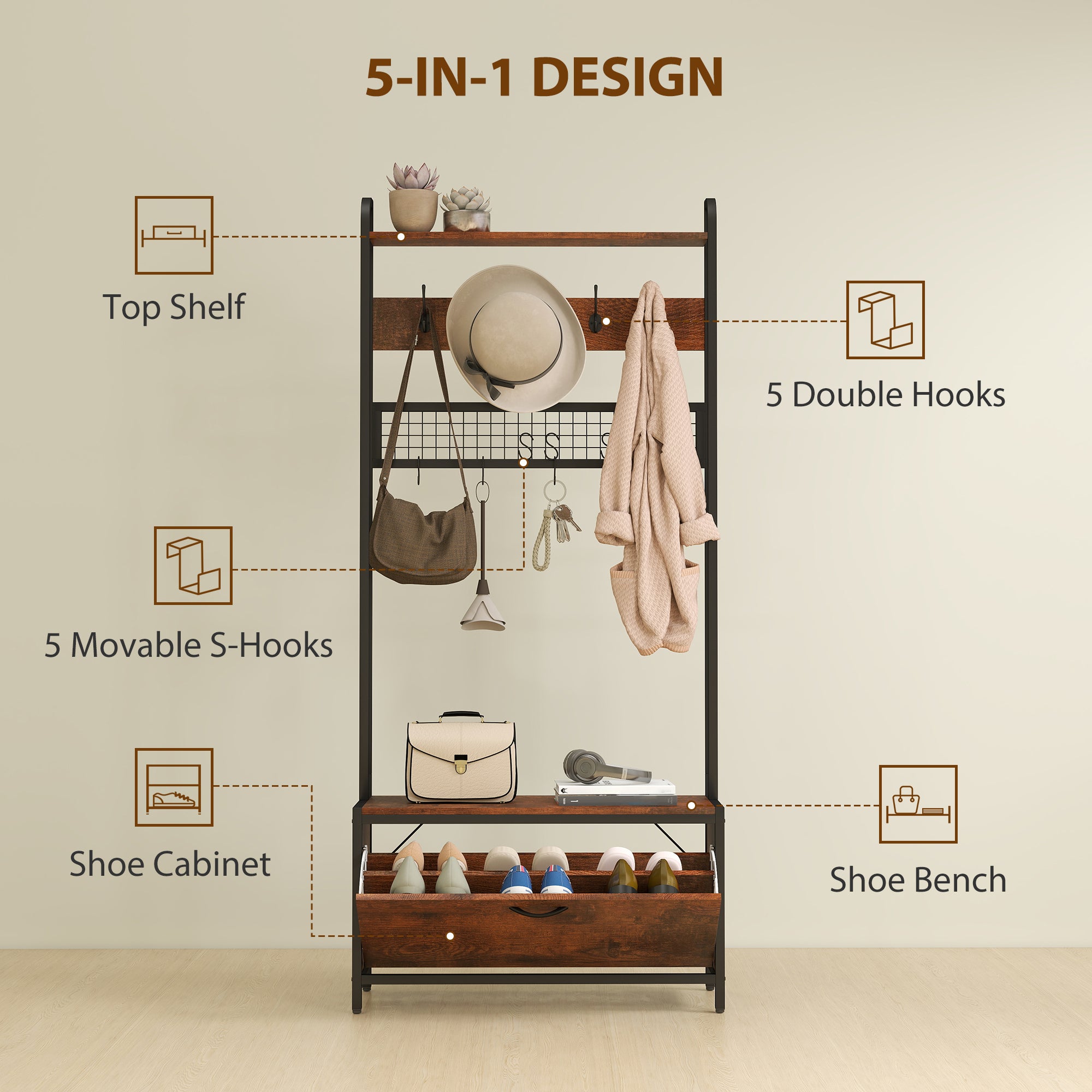5-In-1 Industrial-Style Hallway Tree - Brown/Black