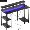 LED Computer Desk, with Power Outlets and Shelves - Carbon Fibre Grey