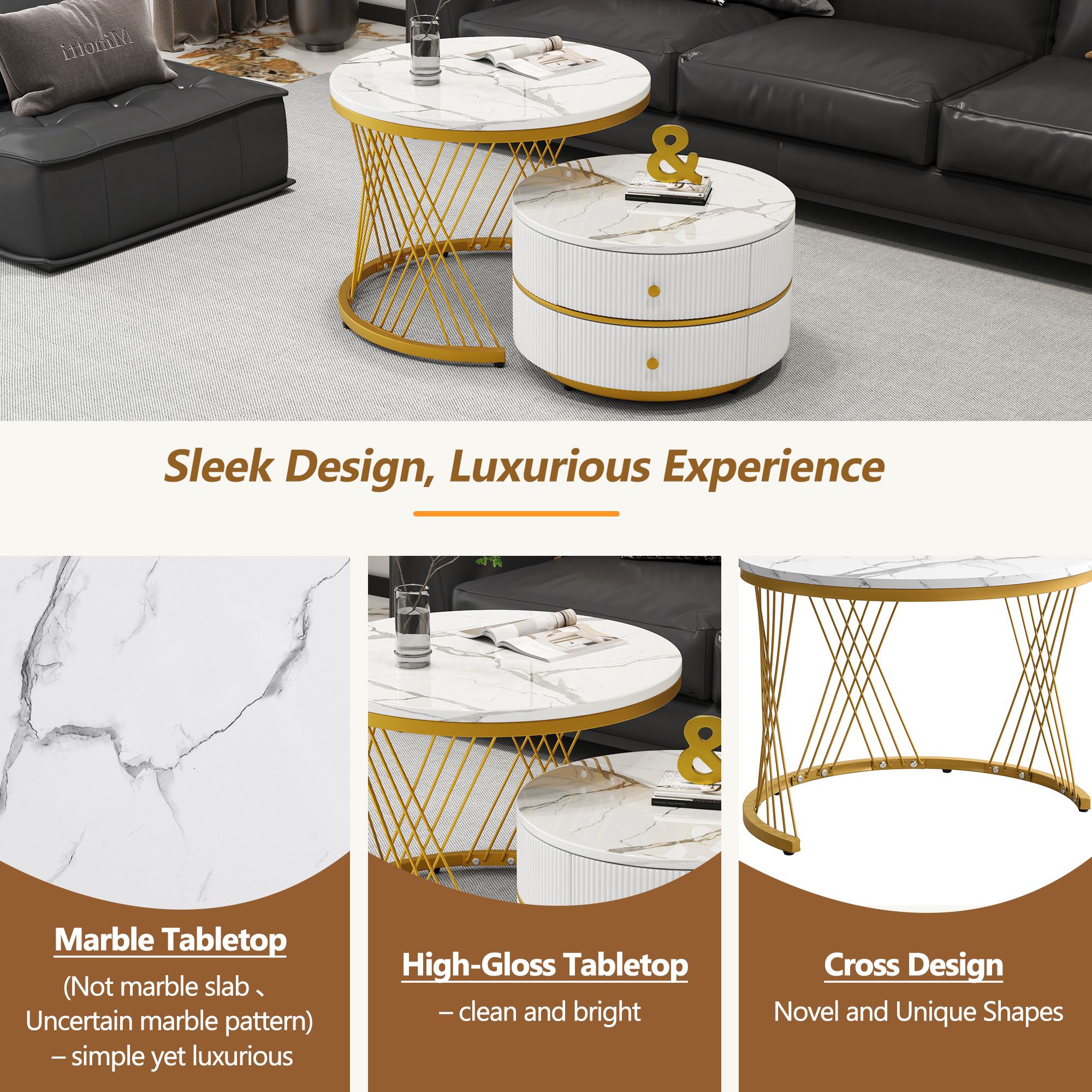 2 Piece High Gloss Round Nesting Coffee Table Set with Marble Top, Living Room Centre Tables with Storage Drawers, Gold+White