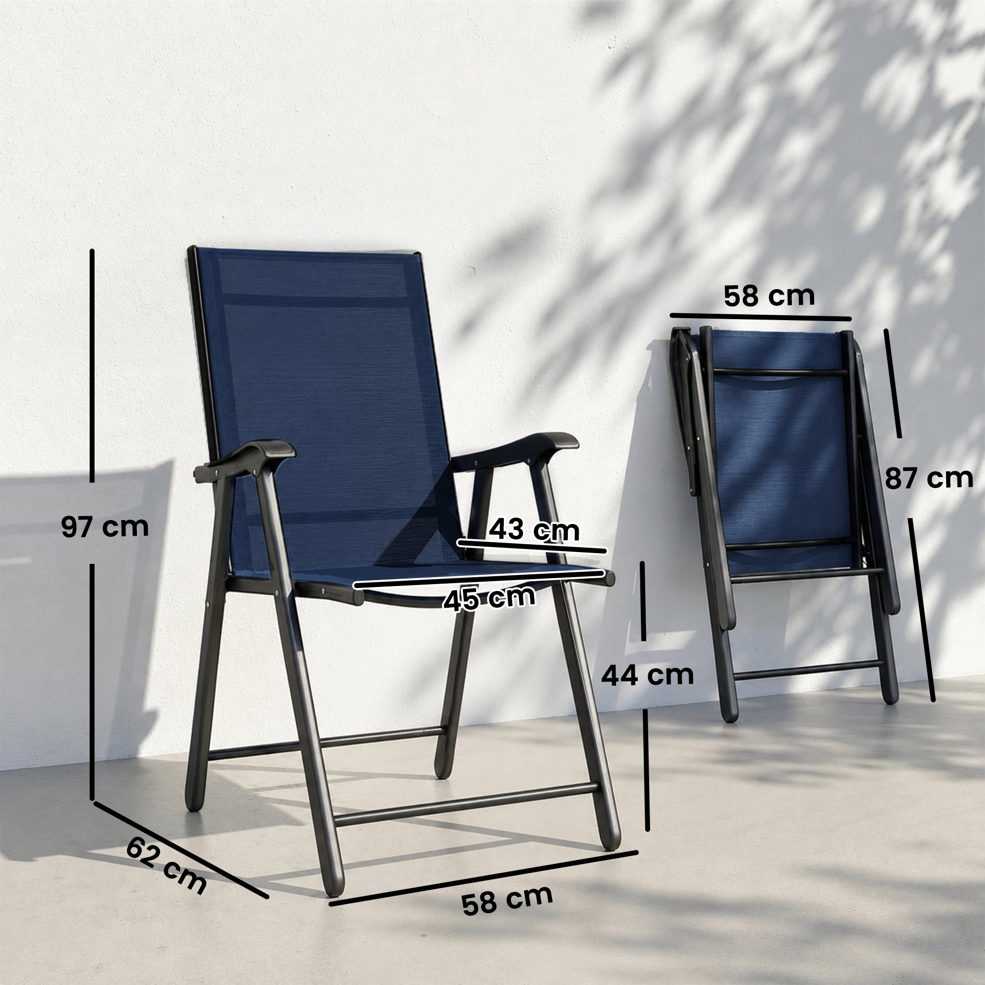 Folding Garden Chairs Set of 2, Foldable Garden Dining Chairs with High Back, Armrests, Texteline Seat, Navy Blue
