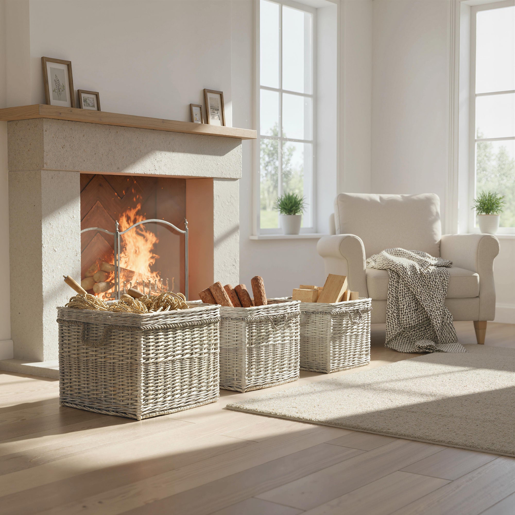 Set of 3 Log Baskets for Wood Burner Indoor, Storage Basket with Lining and Rope Handles, Wicker Basket for Fireside Storage, Blankets, Beige