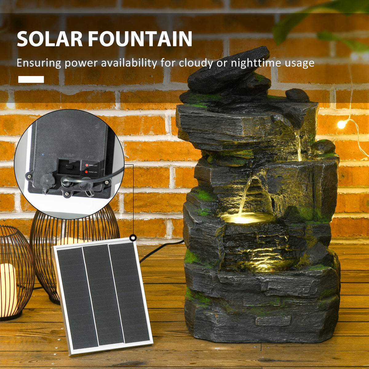 Garden Solar-Powered Water Feature with LED Lights - Dark Grey