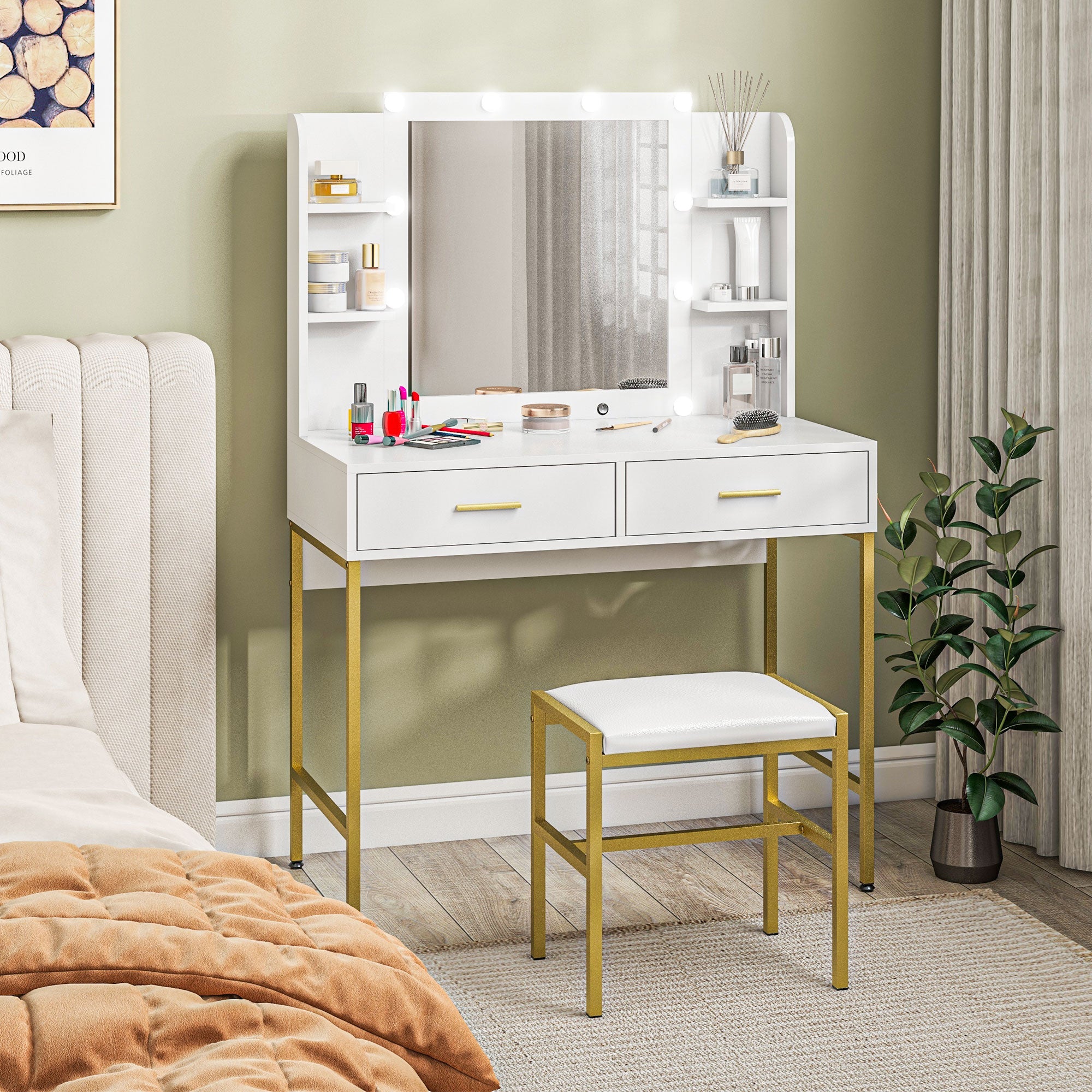 Dressing Table with Lighted Mirror, Cushioned Stool, Drawers, Shelves, LED Makeup Vanity Desk Set, Modern Dresser Vanity Table for Bedroom, White