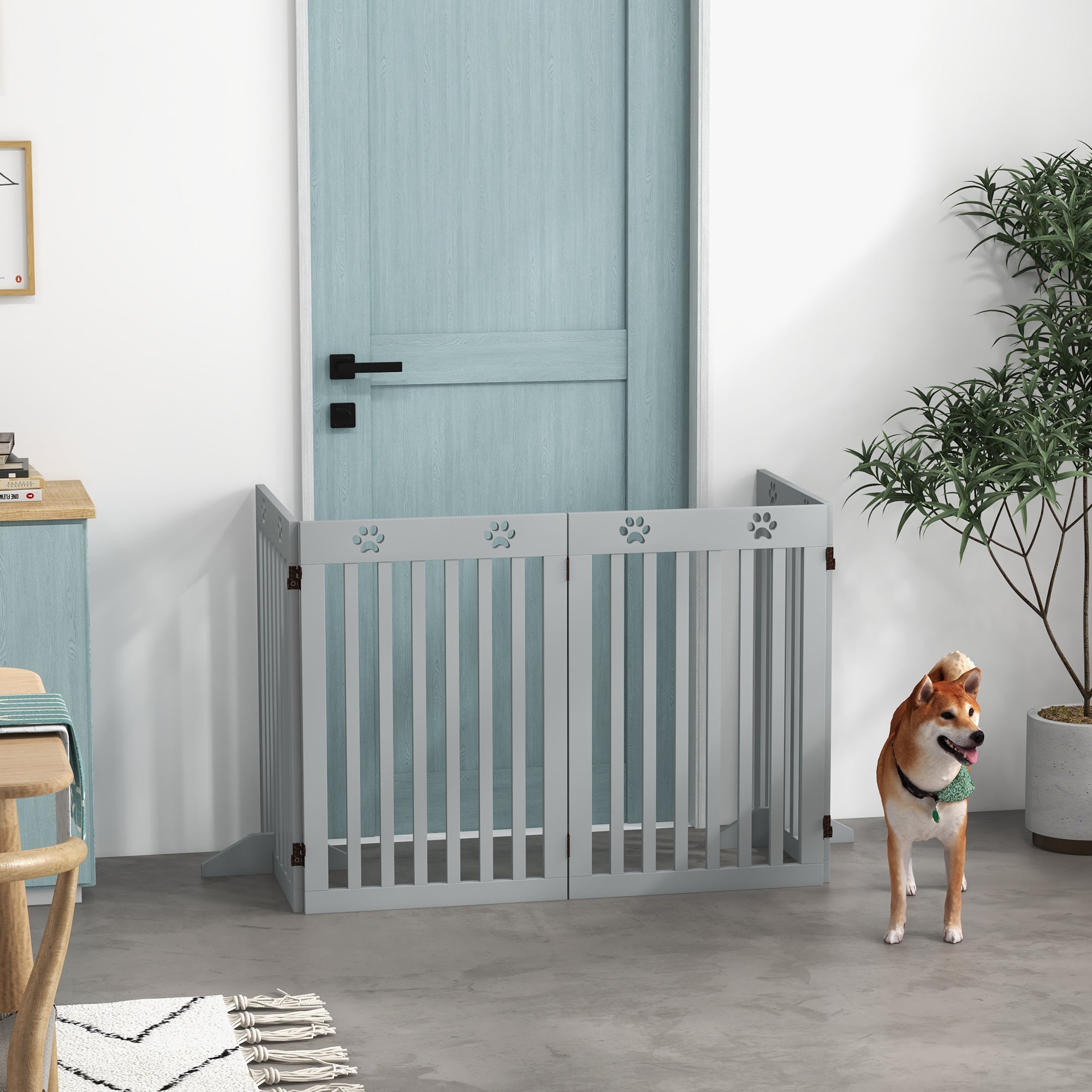 Wooden Pet Gate Foldable Freestanding Dog Safety Barrier w/ Support Feet, Grey