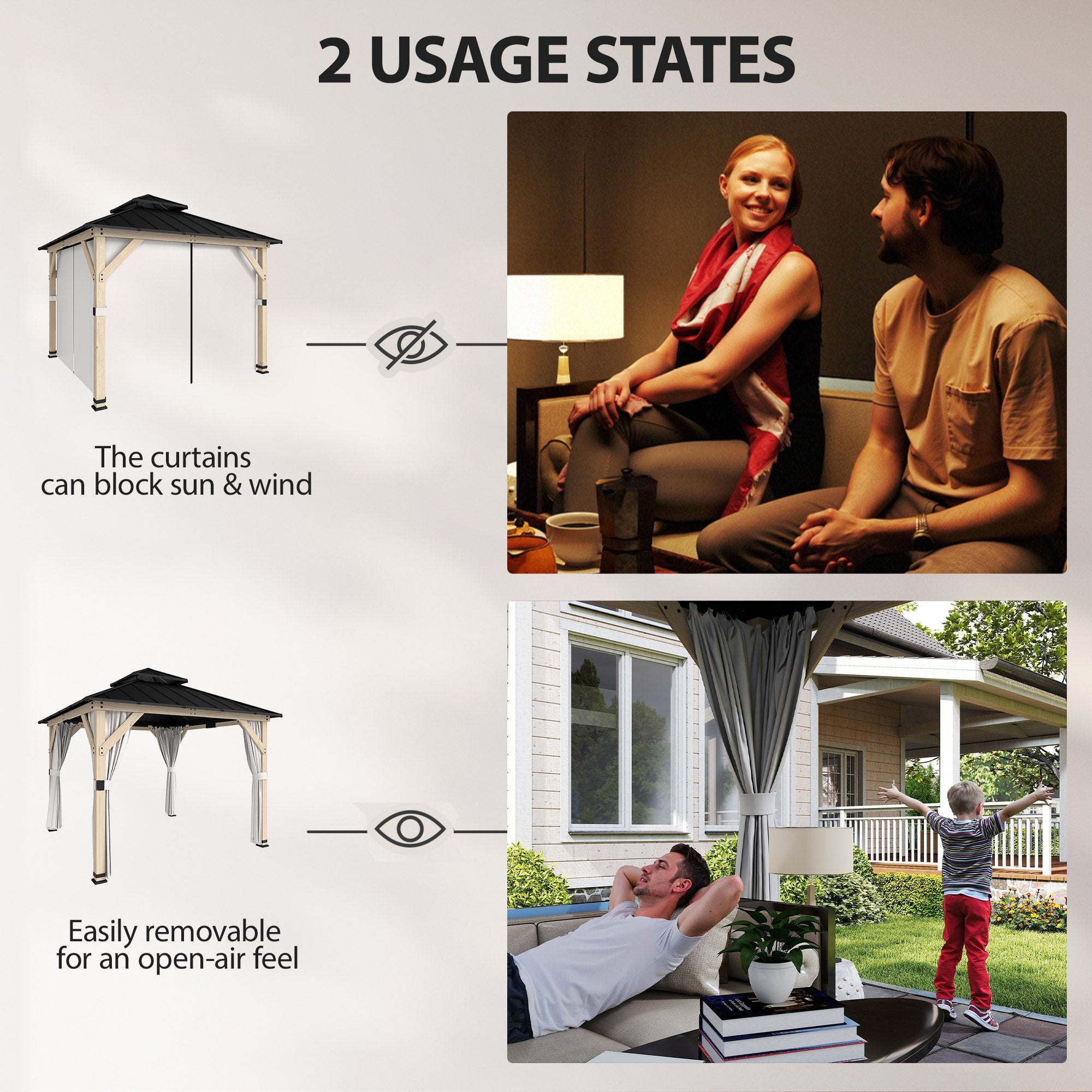 3 x 3 m Outdoor Hardtop Gazebo Canopy with 2-Tier Steel Roof, Wood Garden Gazebo with Curtains, Light Grey