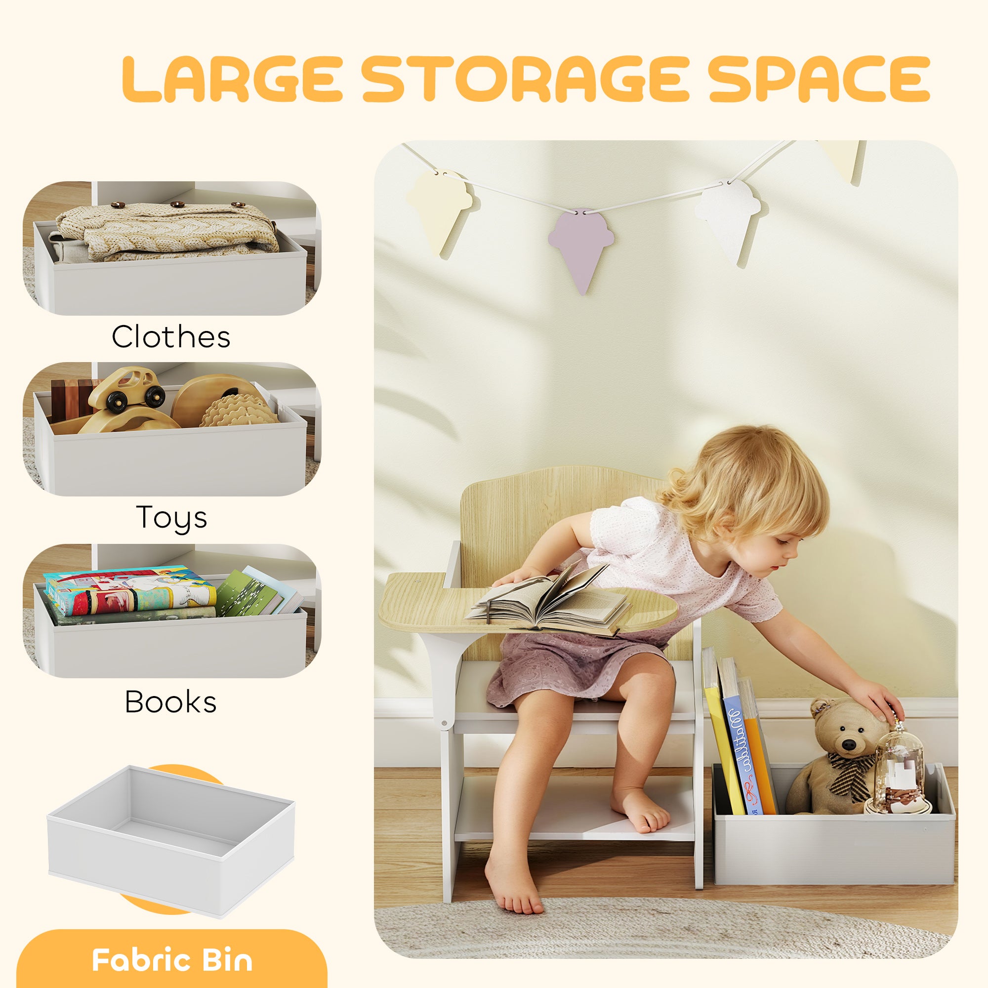 Kids Table and Chair Set, Children Desk and Chair with Storage Bins for Playing, Reading, Painting, for Ages 3-5, White